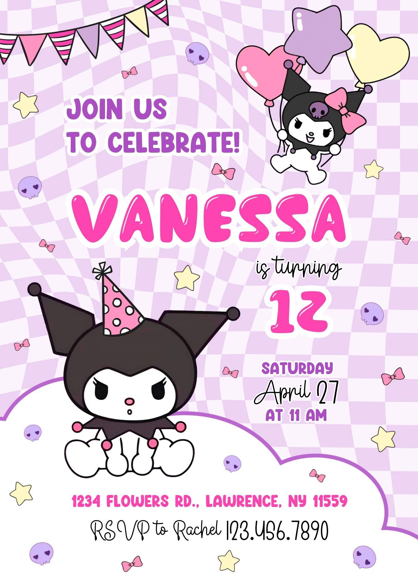 Kuromi Hello Kitty Sanrio customizable invitation template | Share or Print | OP117