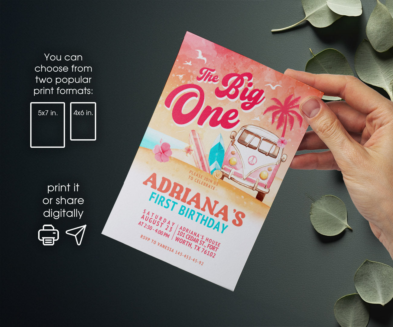 Groovy 1st Surfvan Surfing customizable invitation template | Share or Print | EM338