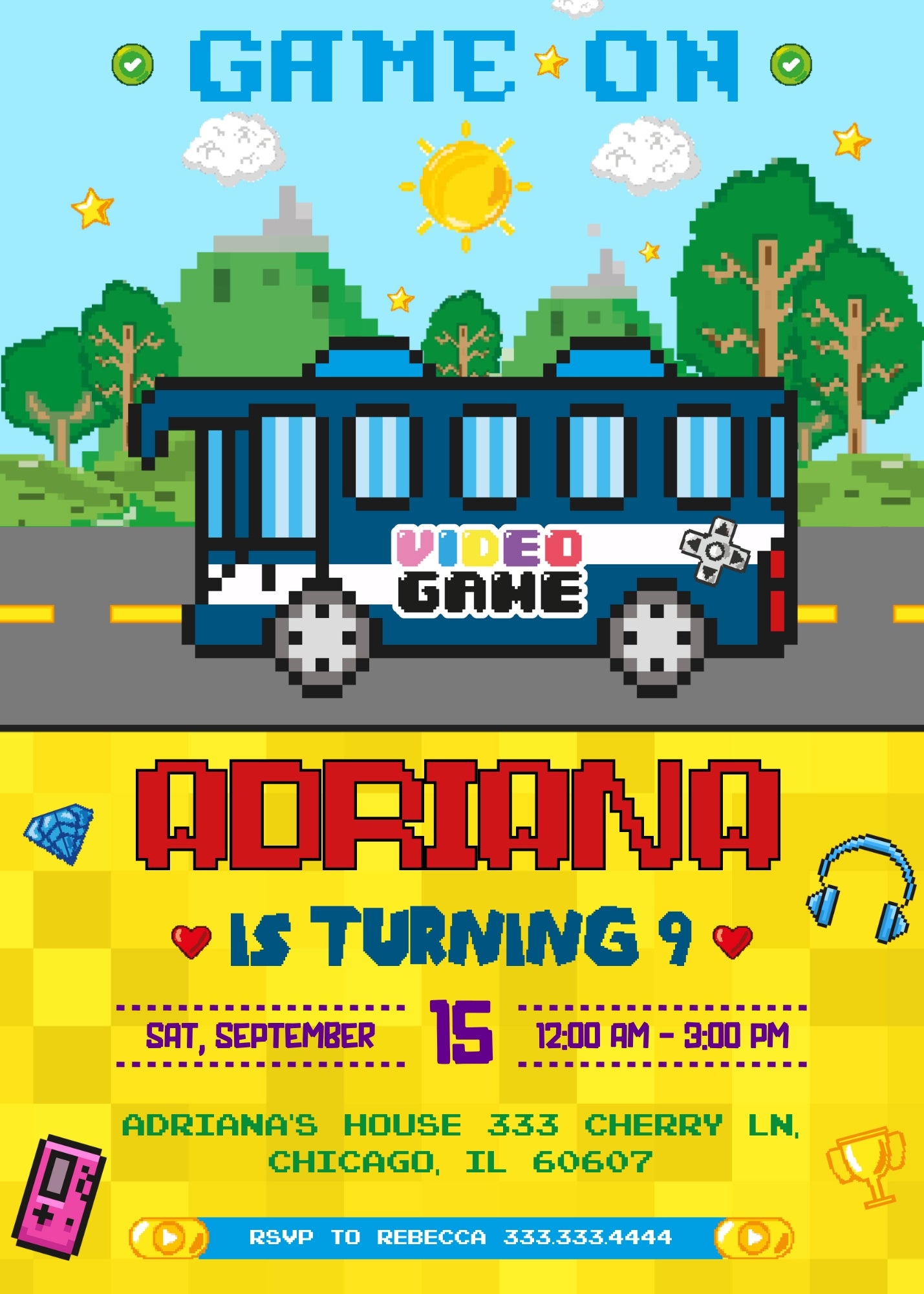 Video Game Bus Gamer customizable invitation template | Share or Print | boy | AG280