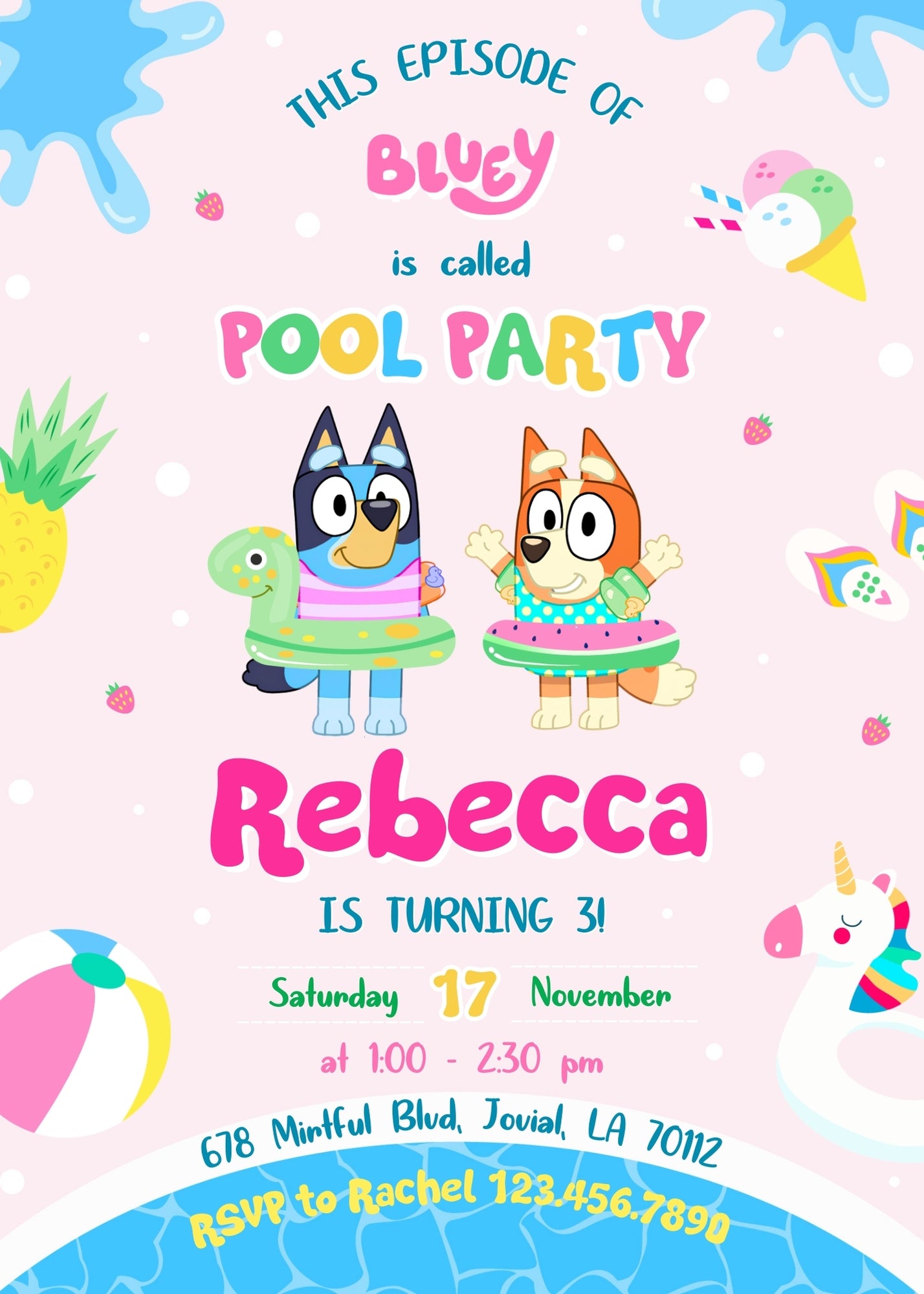 Bluey Bingo Pool customizable invitation template | Share or Print | DE586