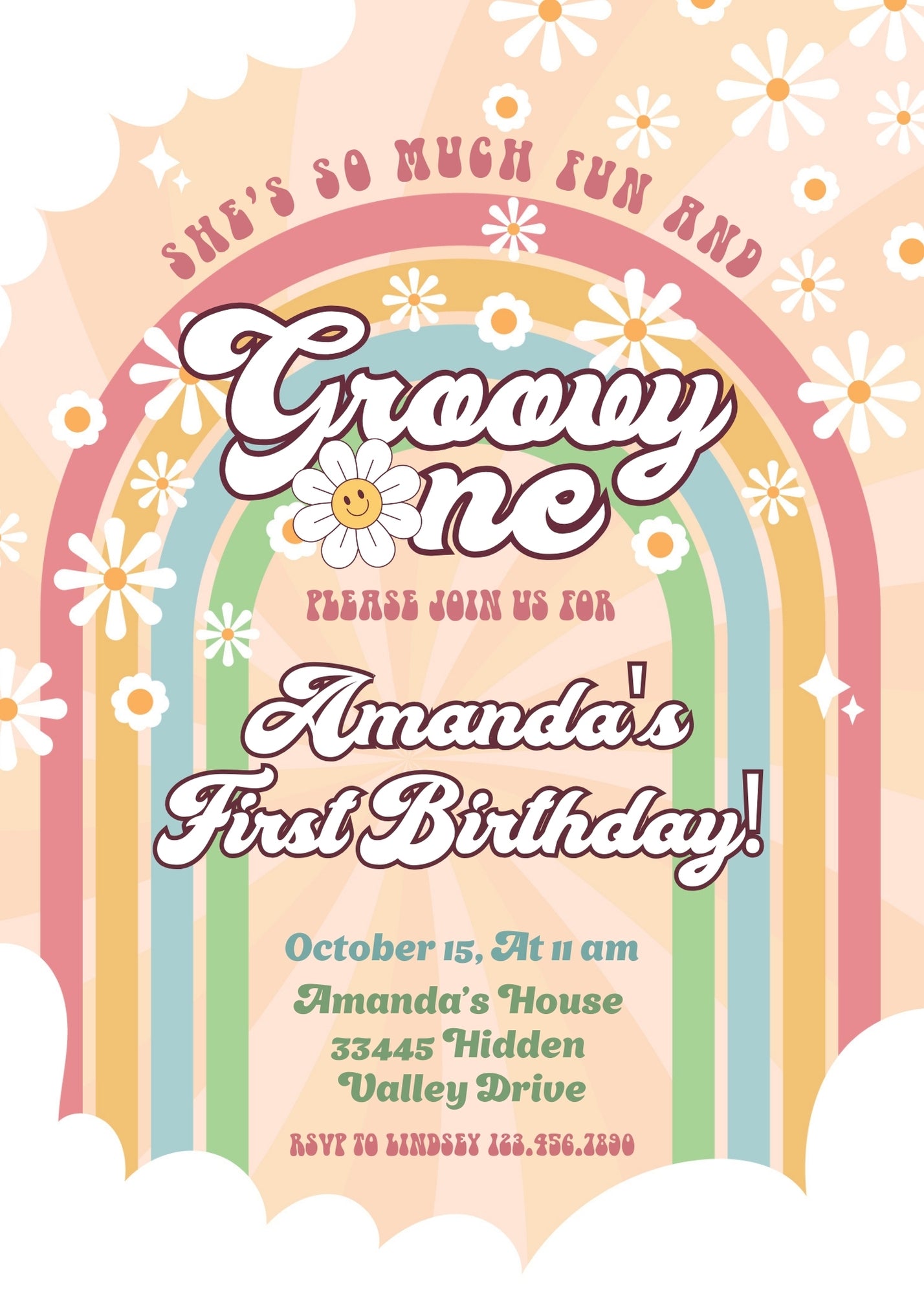 Groovy One First Birthday customizable invitation template | Share or Print | DV429