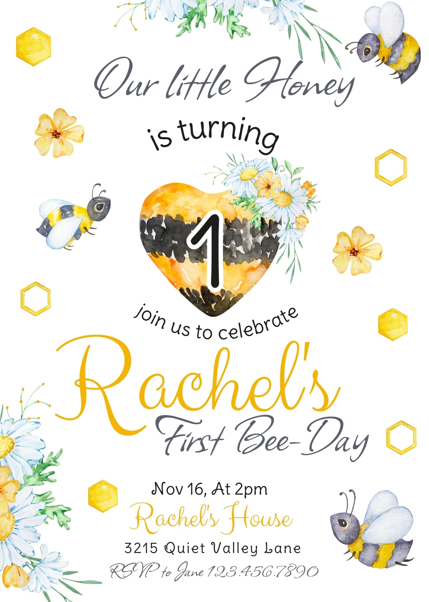 1st Bee Day Party customizable invitation template | Share or Print | PX767