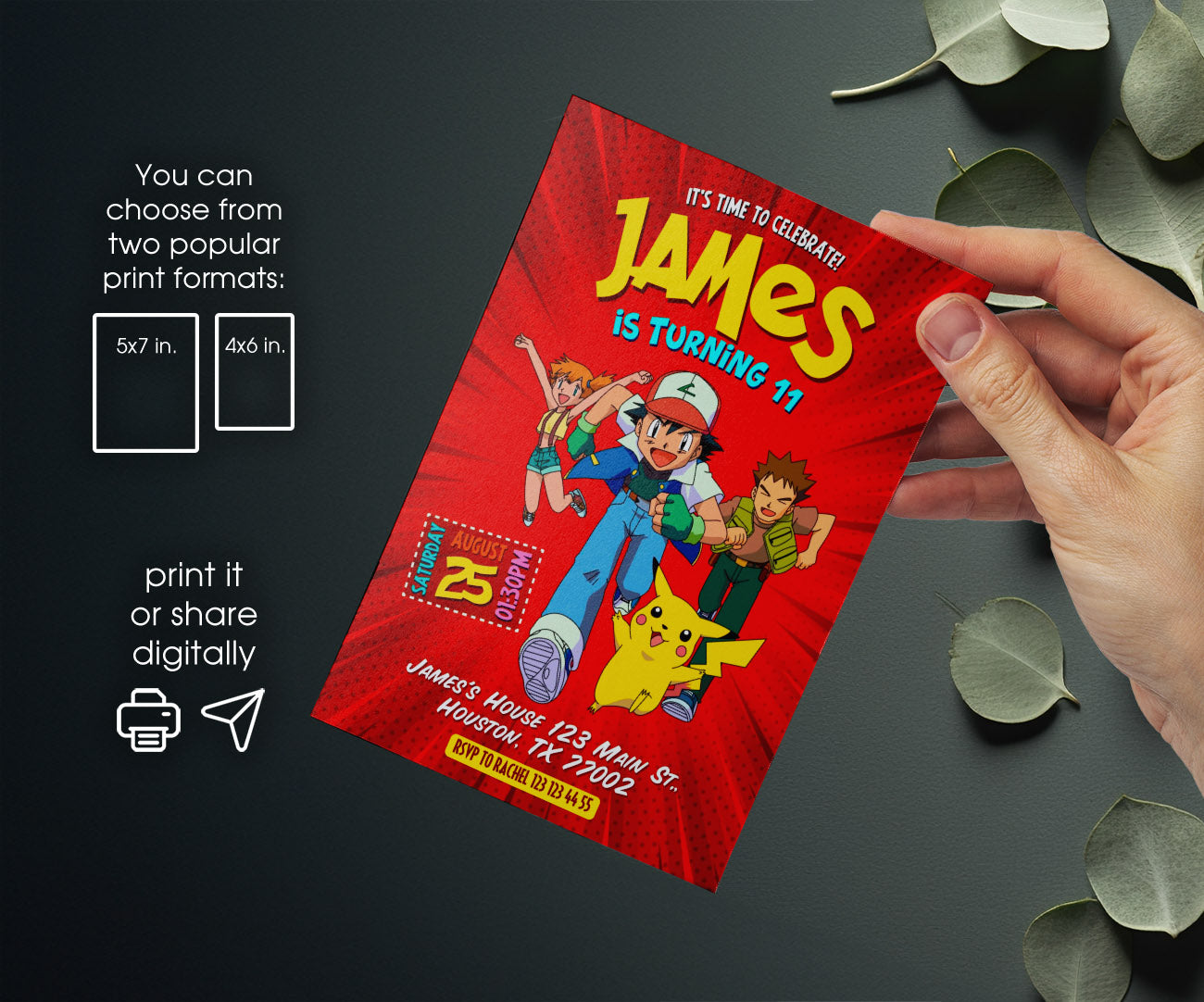 Pokemon Pikachu customizable invitation template | Share or Print | HH155