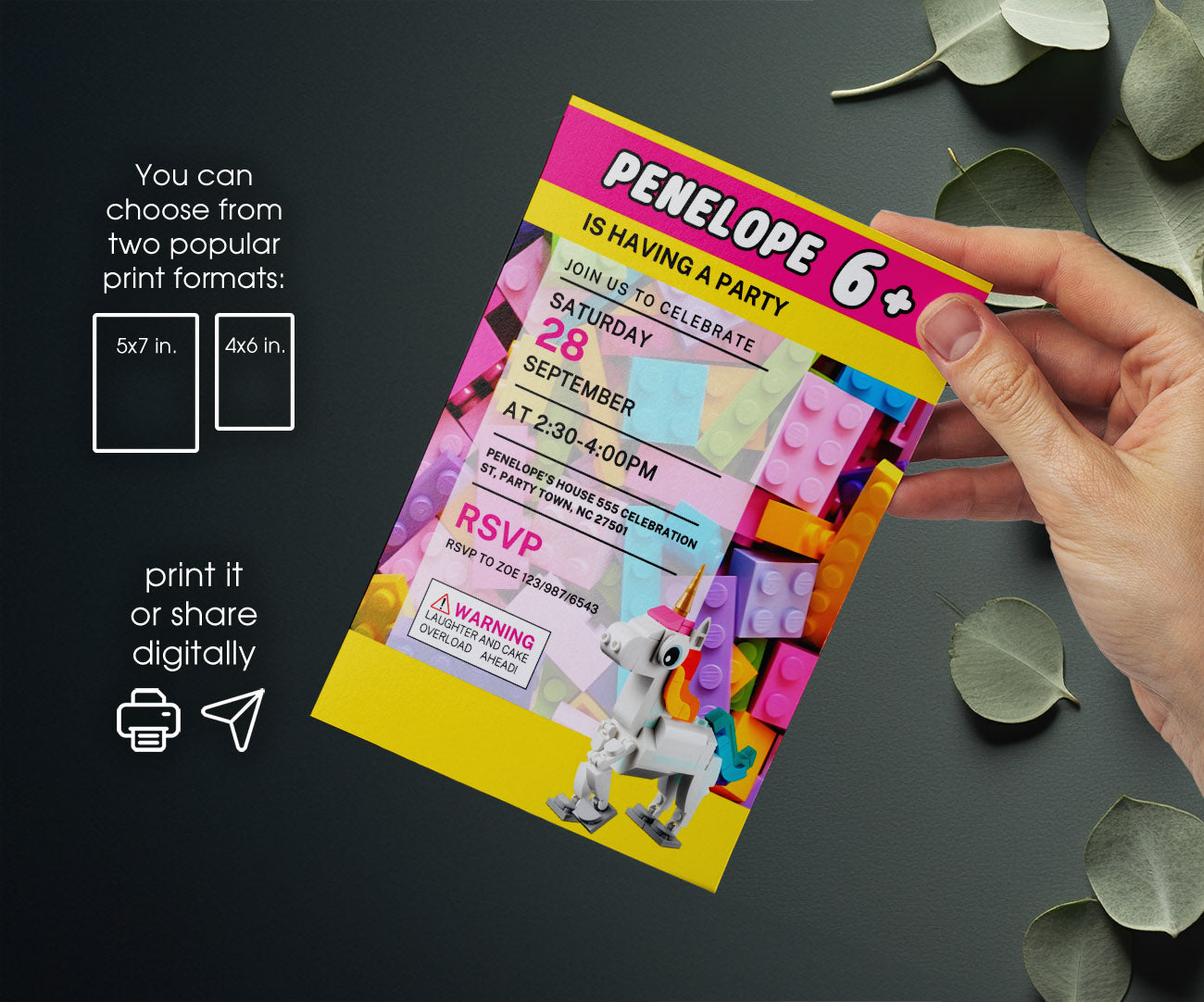 Lego Magical Unicorn customizable invitation template | Share or Print | girl | IB034