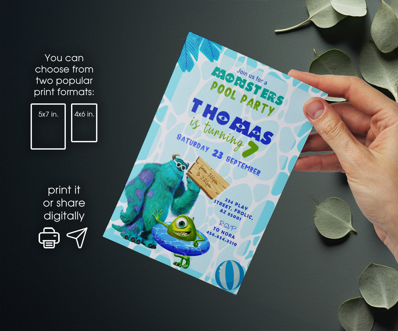 Monsters Inc. Pool Party customizable invitation template | Share or Print | LK016