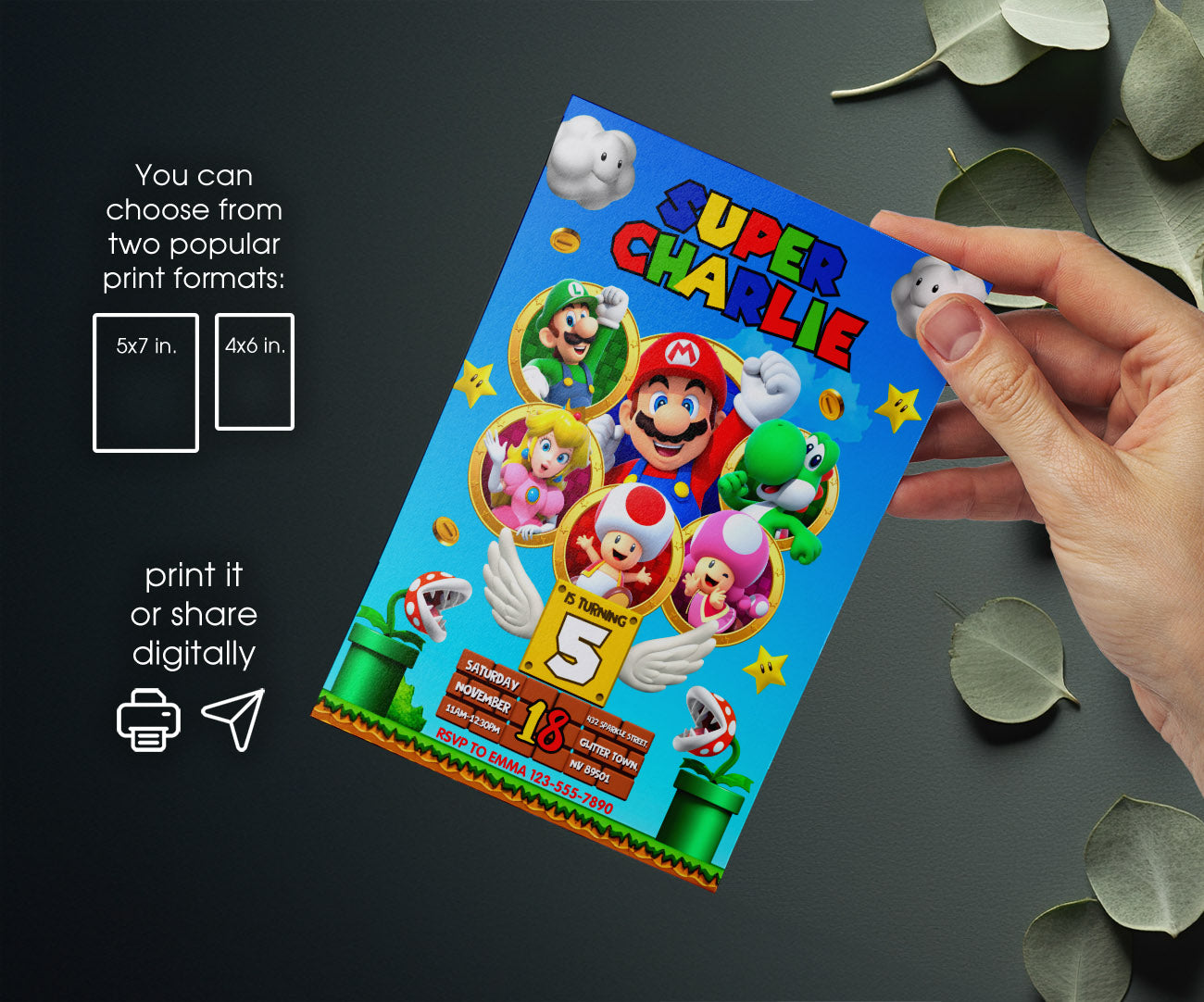 Super Mario Bros customizable invitation template | Share or Print | FK226