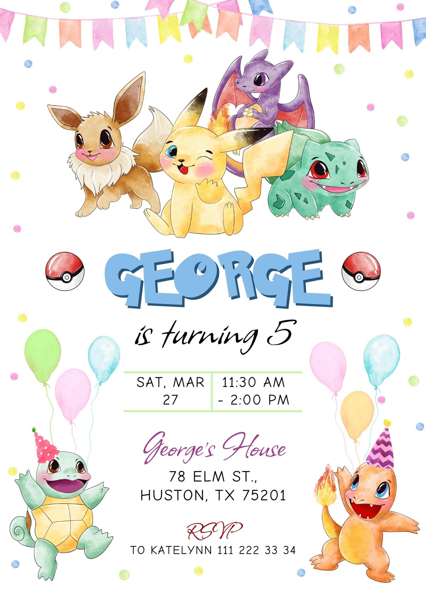 Pokemon Pikachu customizable invitation template | Share or Print | JJ276