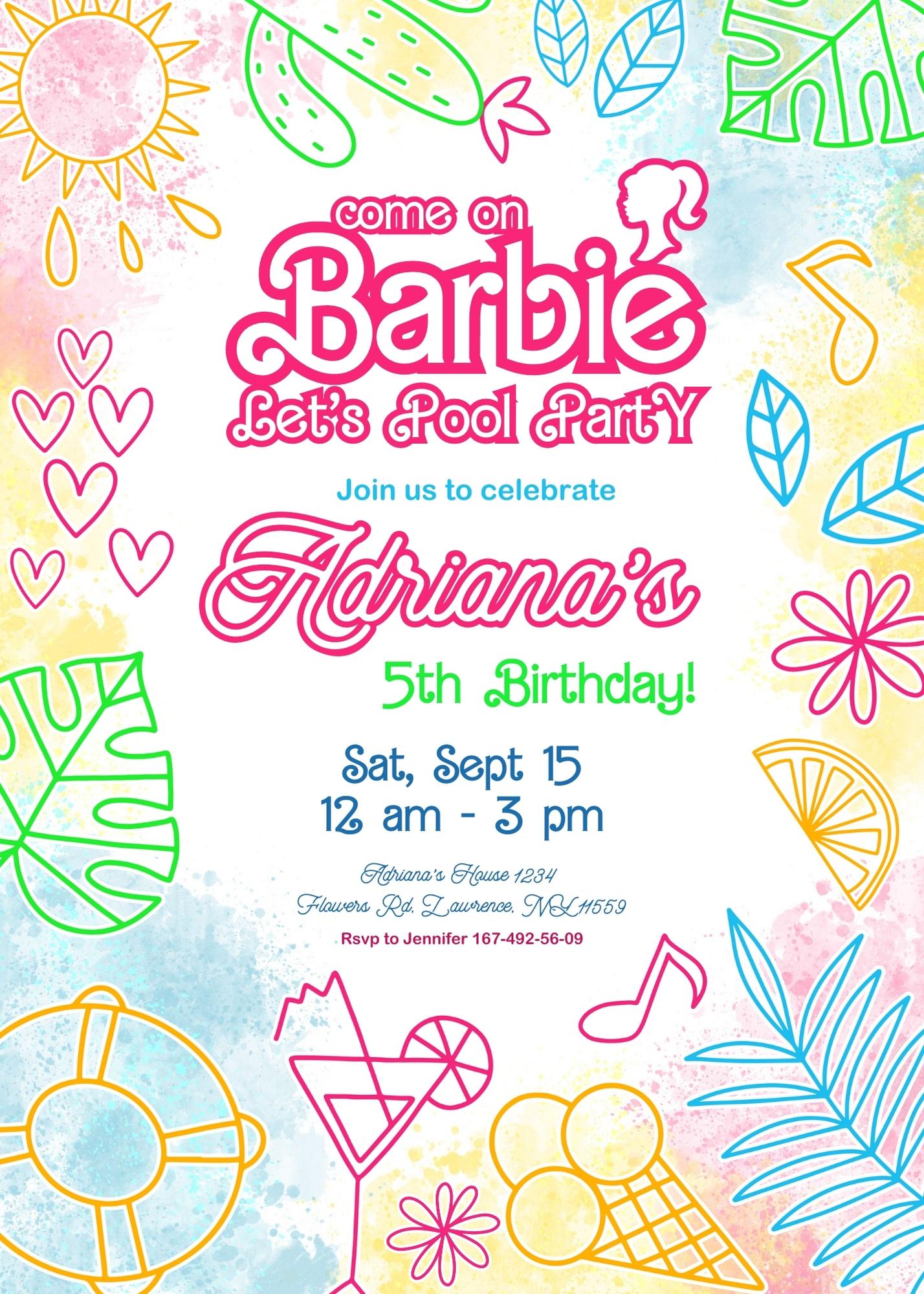Barbie Pool Pink customizable invitation template | Share or Print | girl | YL360