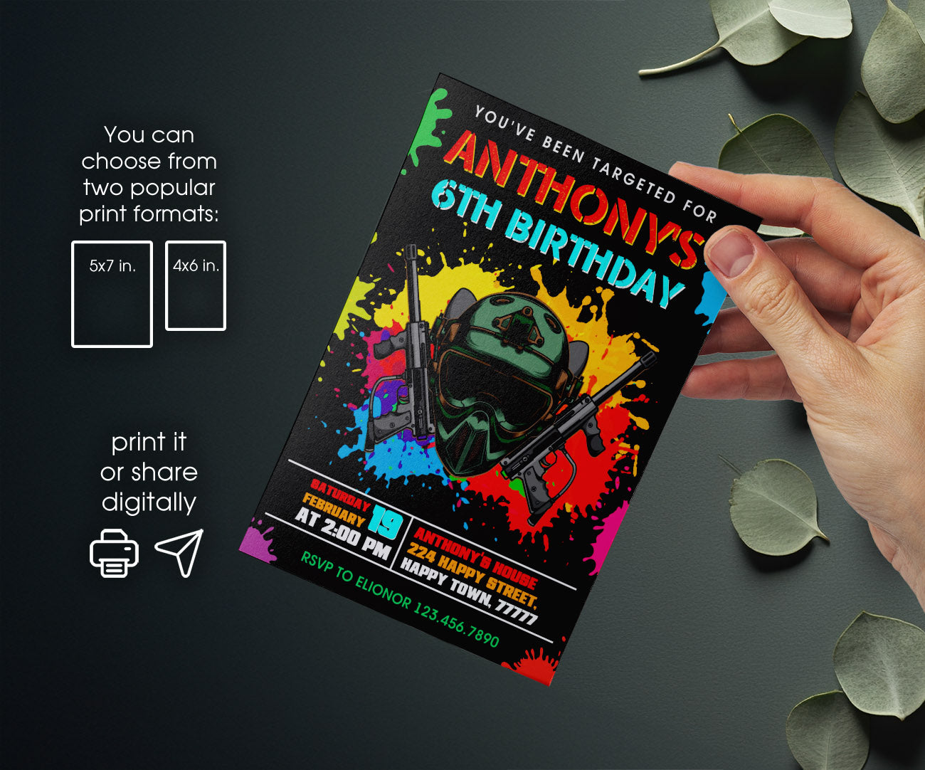Paintball Airsoft battle customizable invitation template | Share or Print | boy | DP724