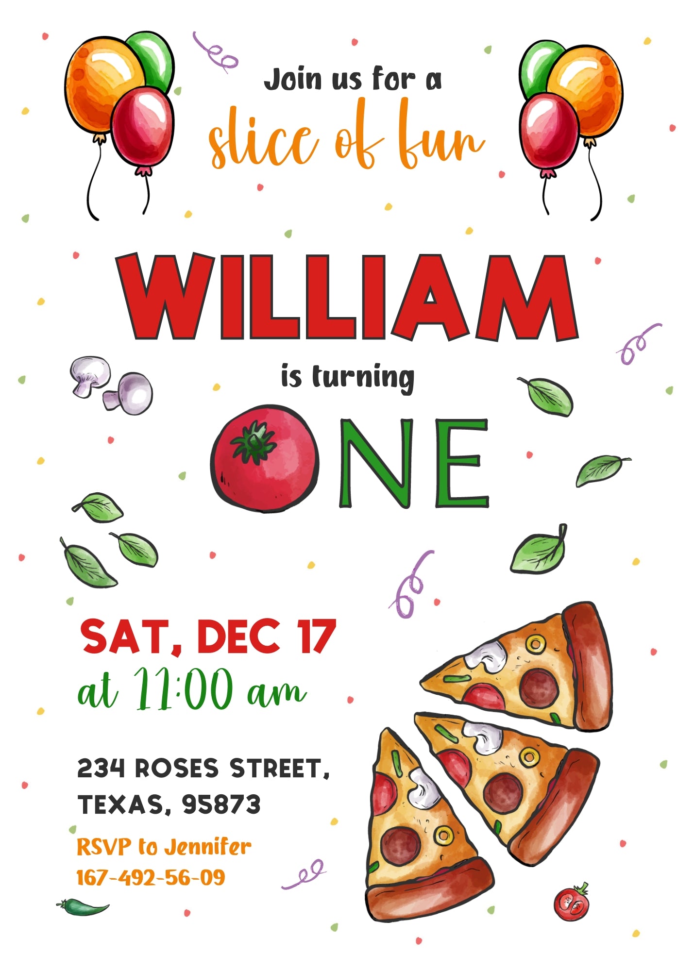 Pizza 1st Party customizable invitation template | Share or Print | RG261