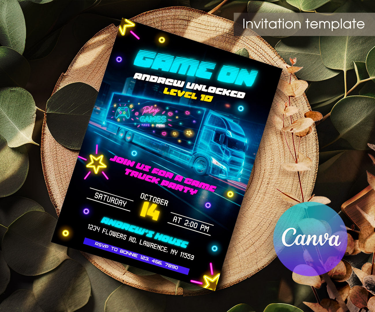 Video Game Bus Gamer customizable invitation template | Share or Print | boy | VB419