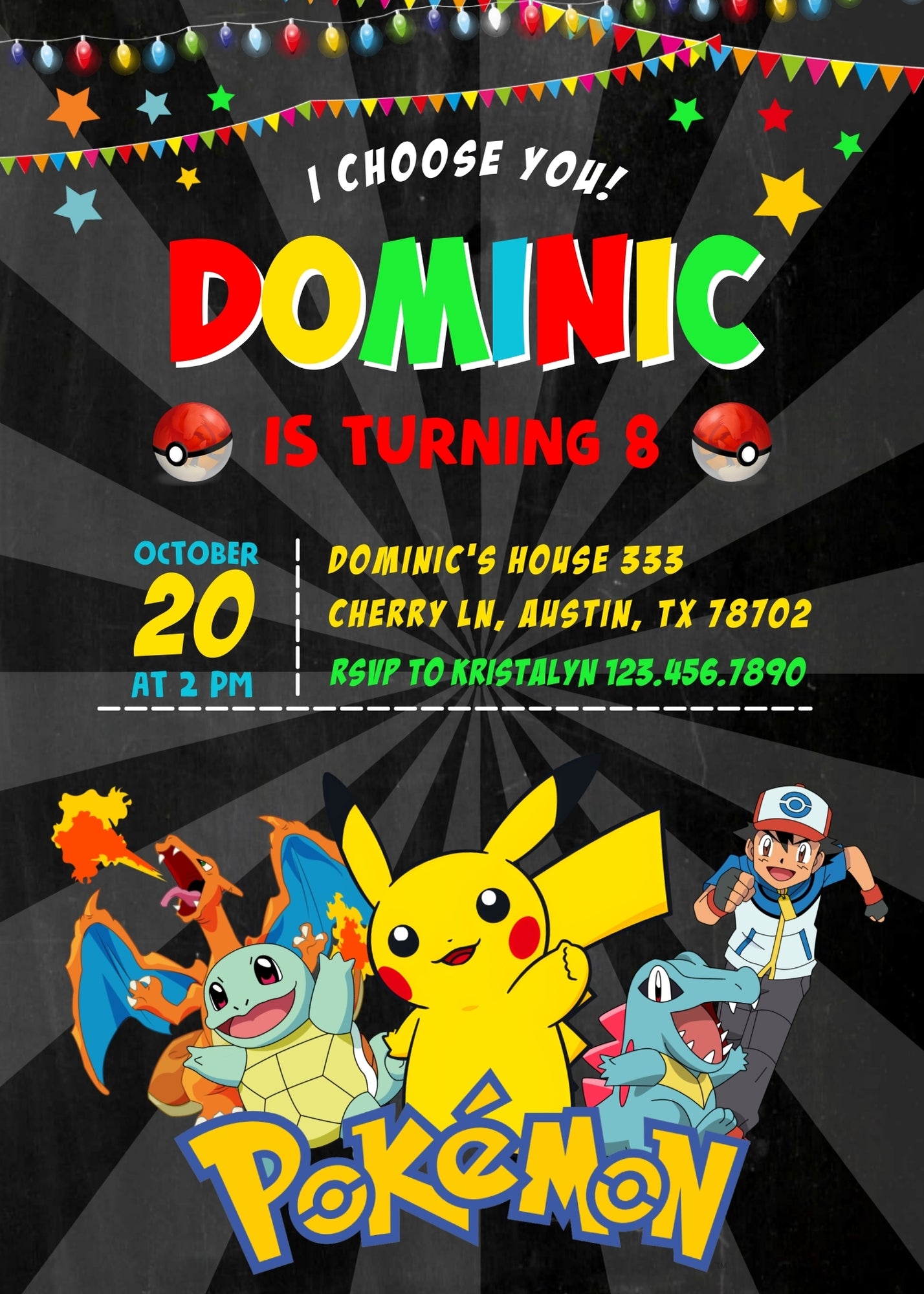 Pokemon Pikachu customizable invitation template | Share or Print | RW979