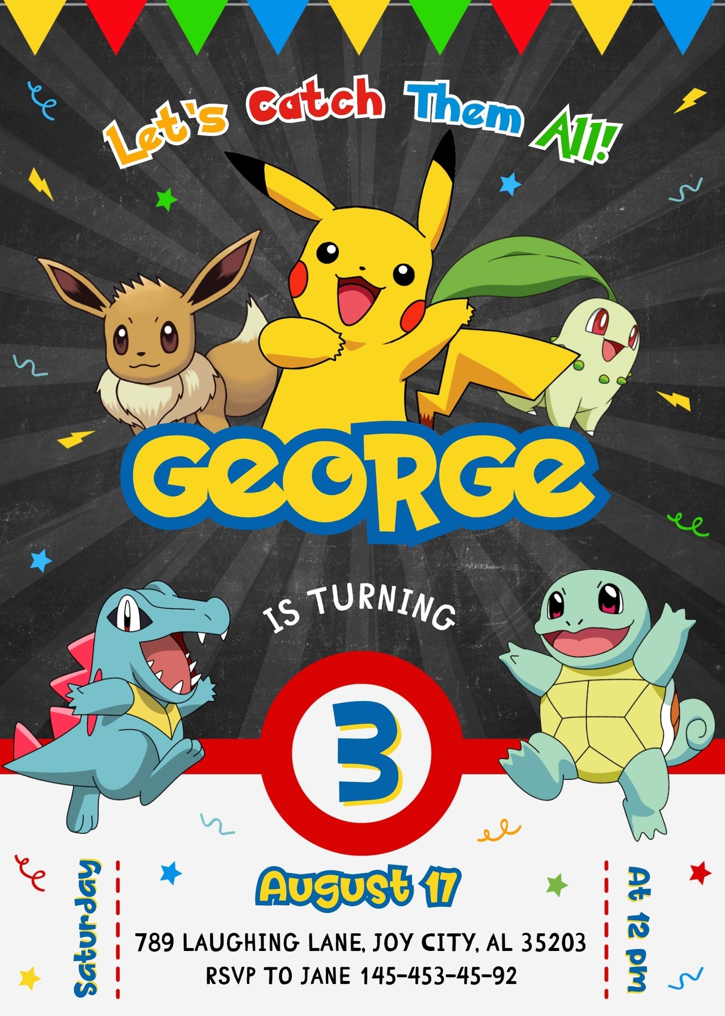 Pokemon Pikachu customizable invitation template | Share or Print | JS188