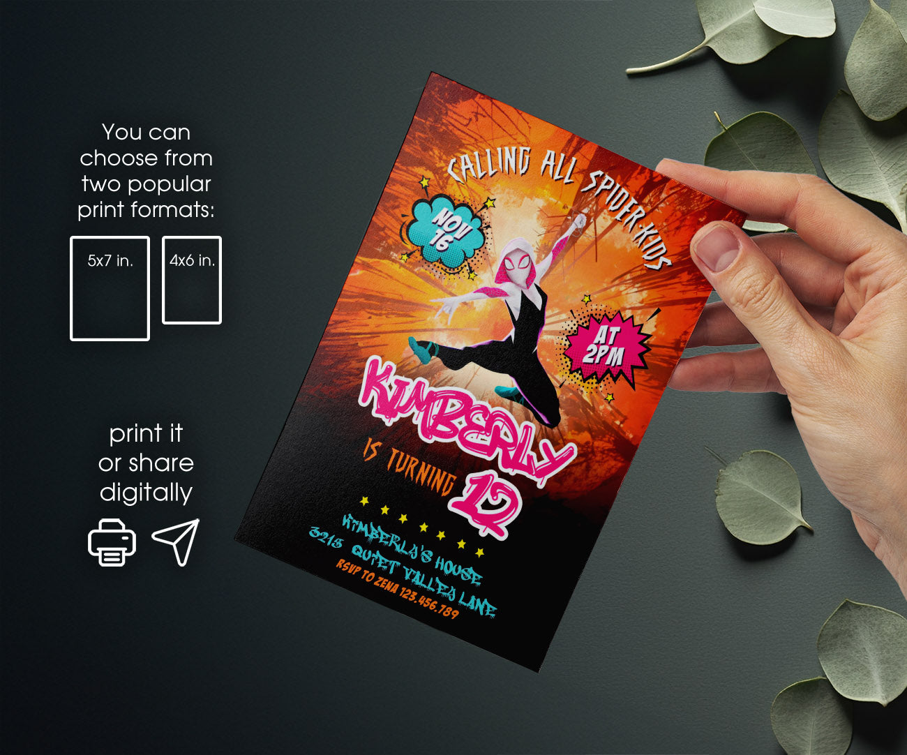 Spider Gwen Ghost Spidey customizable invitation template | Share or Print | girl | BX156