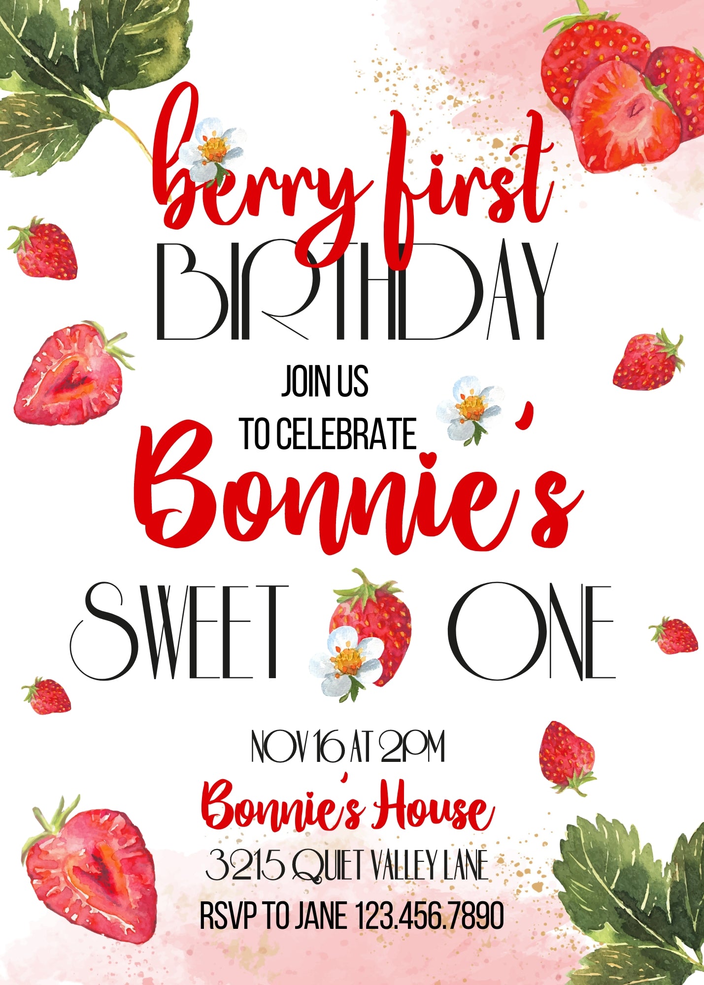 Berry First Birthday customizable invitation template | Share or Print | girl | OS107
