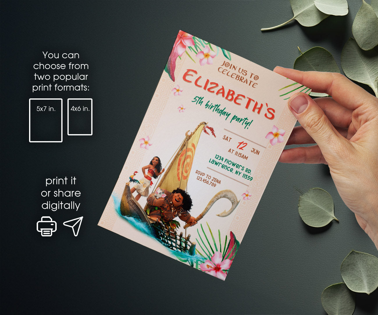 Moana Princess customizable invitation template | Share or Print | girl | KN644