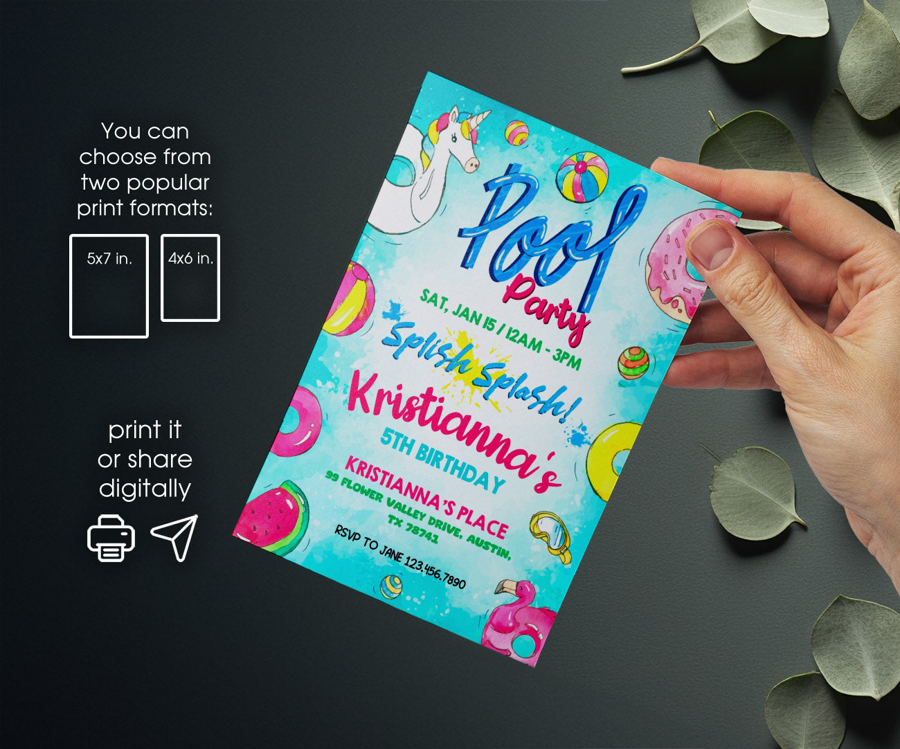 Pool Party customizable invitation template | Share or Print | girl | TG554