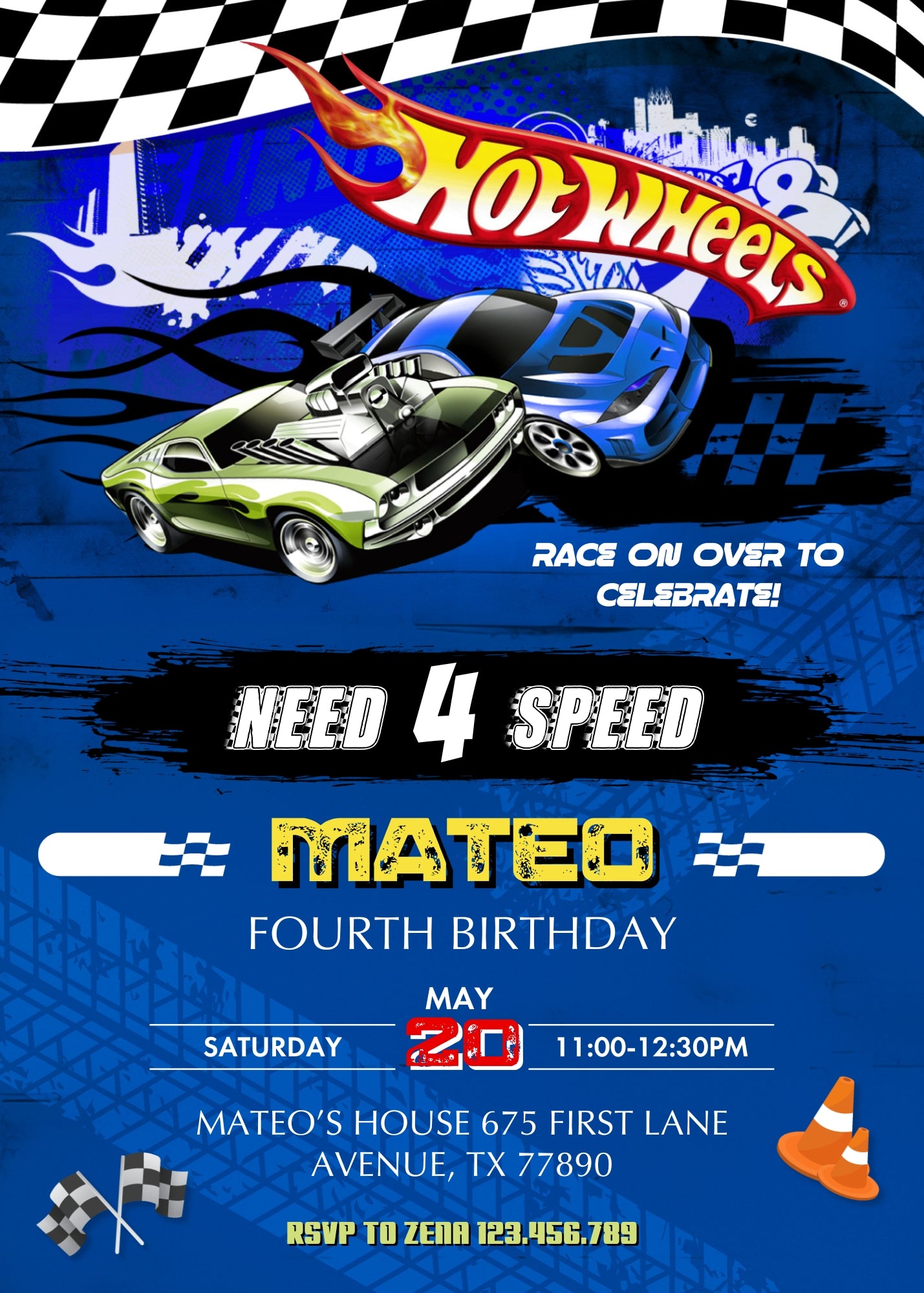 Hot Wheels Need Four Speed customizable invitation template | Share or Print | boy | PO697