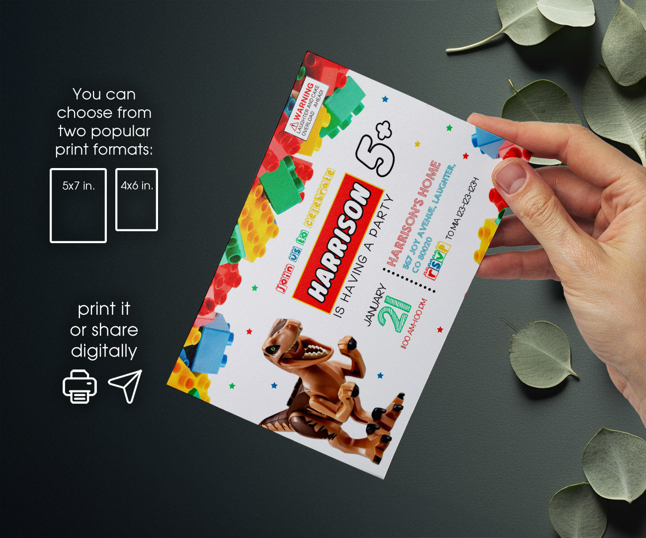 Lego Dinosaur T-Rex customizable invitation template | Share or Print | LM332