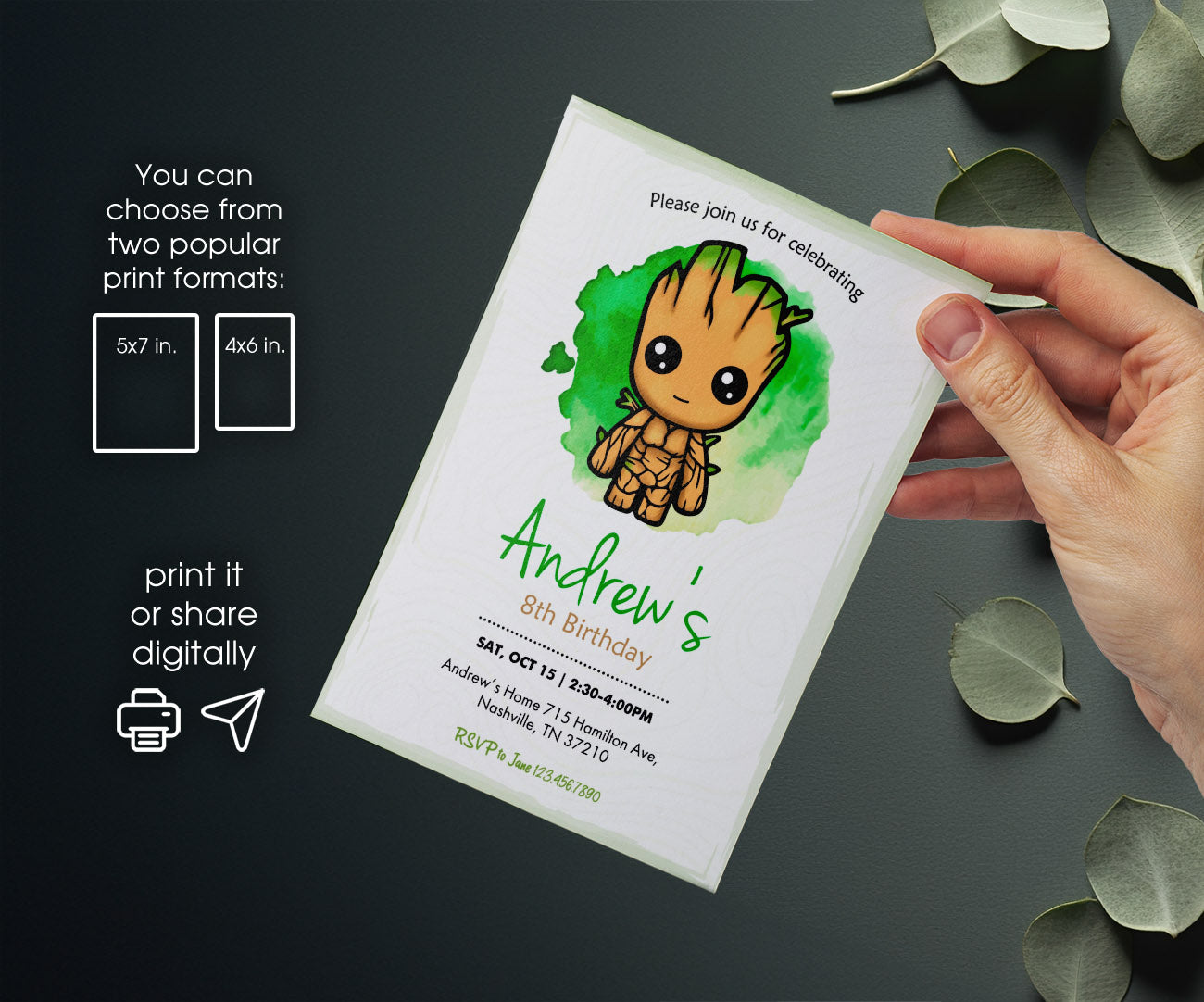 Groot Guardians of the Galaxy Superhero customizable invitation template | Share or Print | VN125