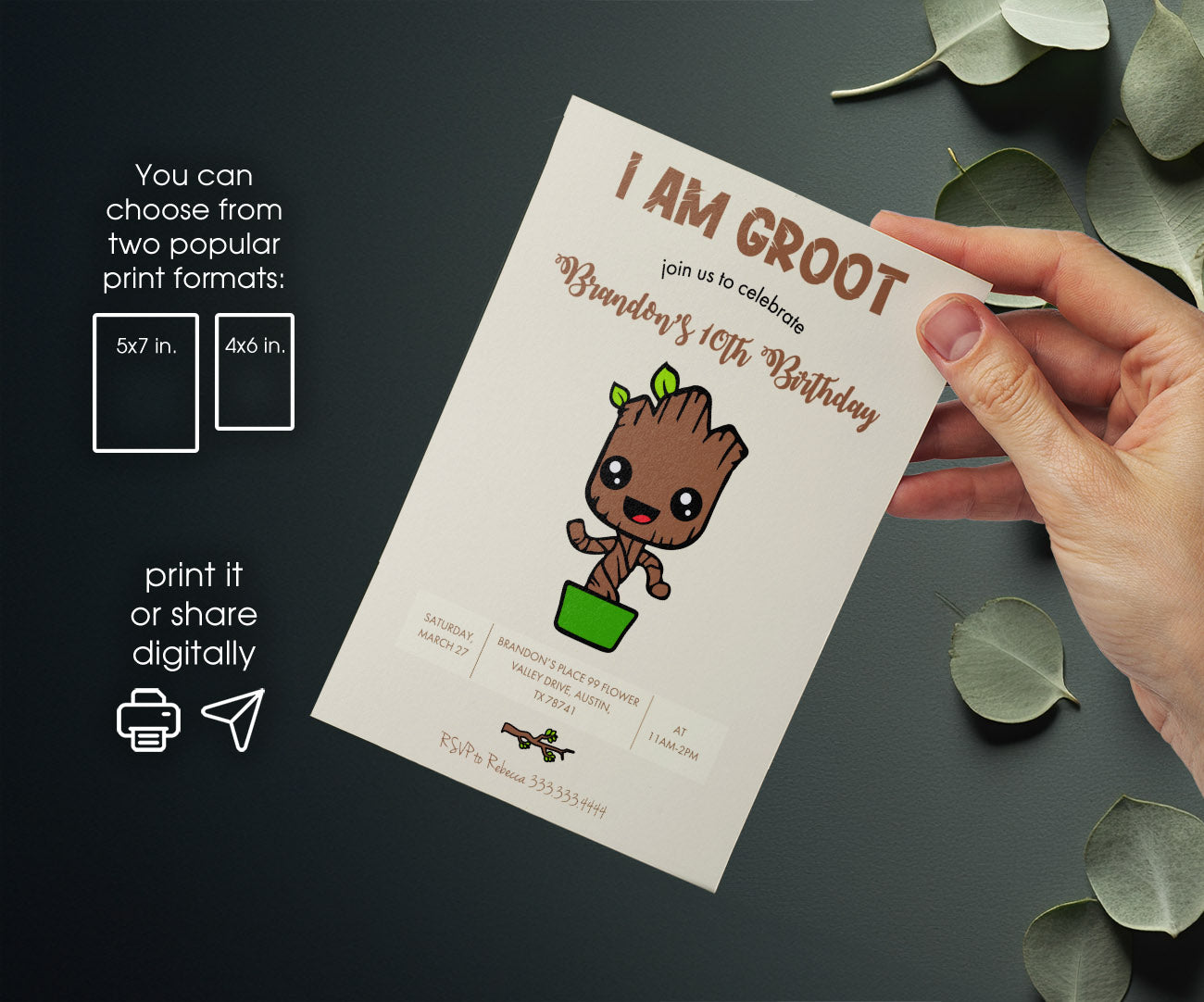 Groot Guardians of the Galaxy Superhero customizable invitation template | Share or Print | IA186