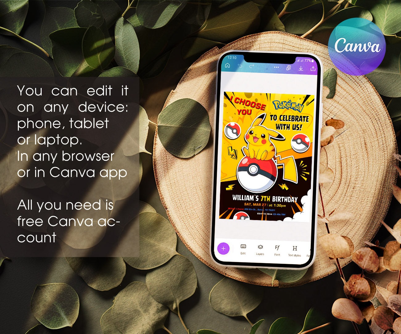 Pokemon Pikachu customizable invitation template | Share or Print | MK784