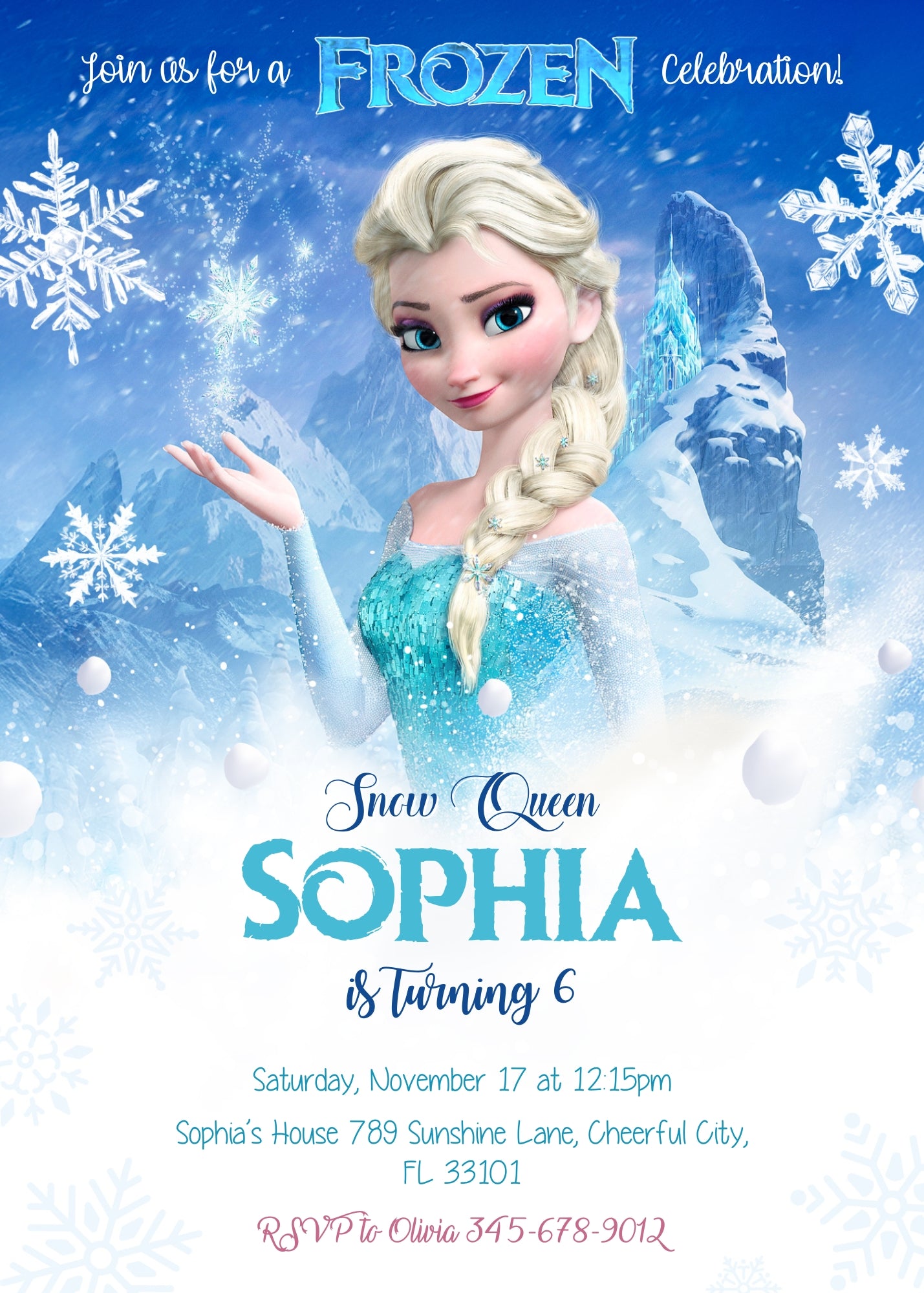 Frozen Elsa customizable invitation template | Share or Print | girl | DS899
