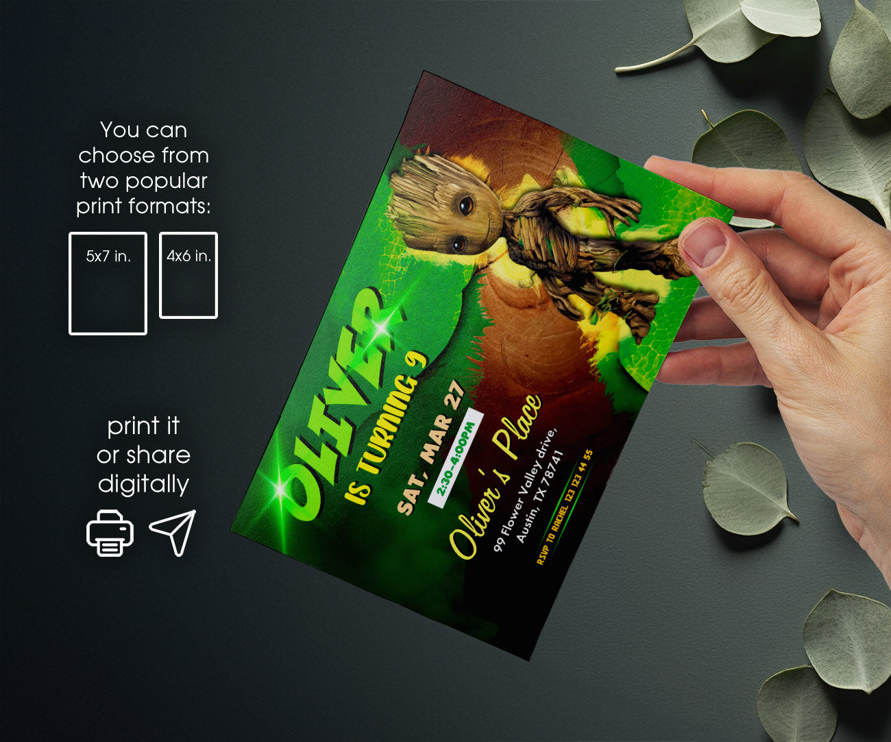 Groot Guardians of the Galaxy Superhero customizable invitation template | Share or Print | AE439