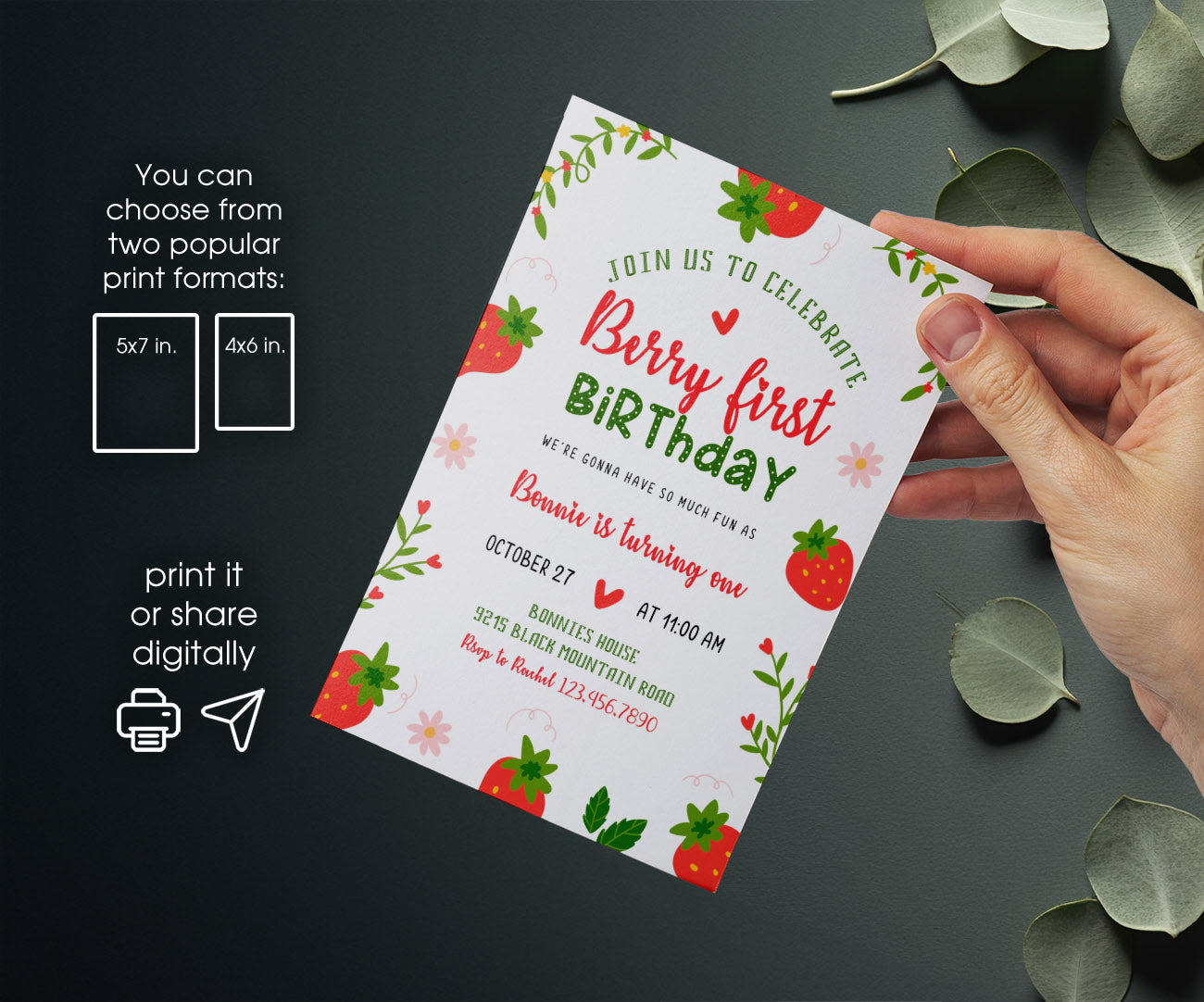 Berry First Birthday customizable invitation template | Share or Print | girl | DN337