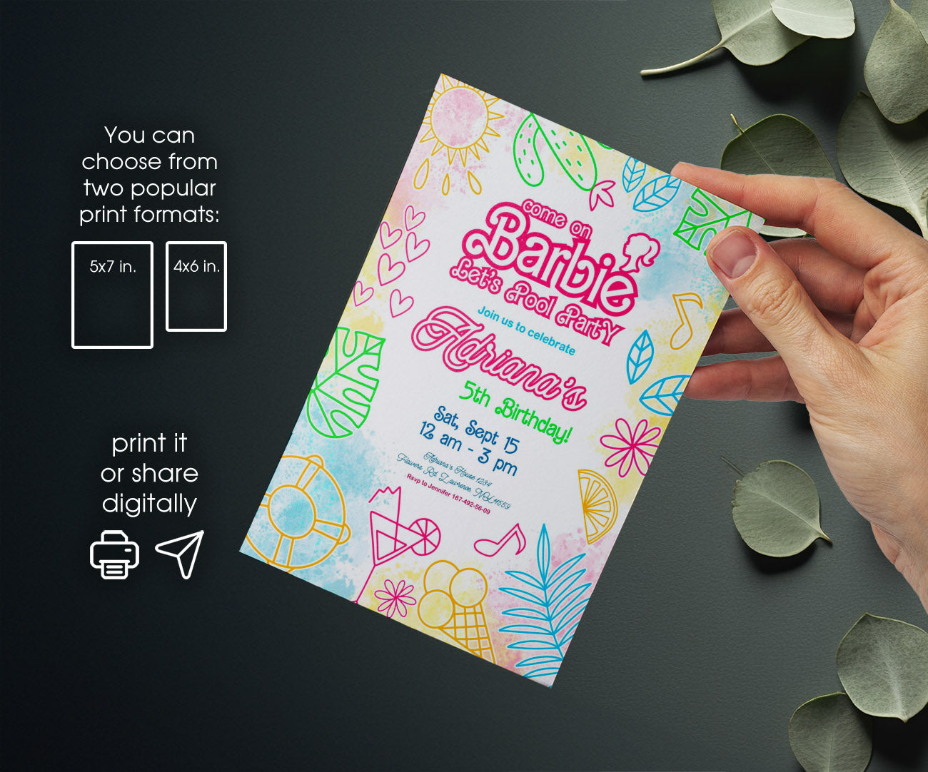 Barbie Pool Pink customizable invitation template | Share or Print | girl | YL360