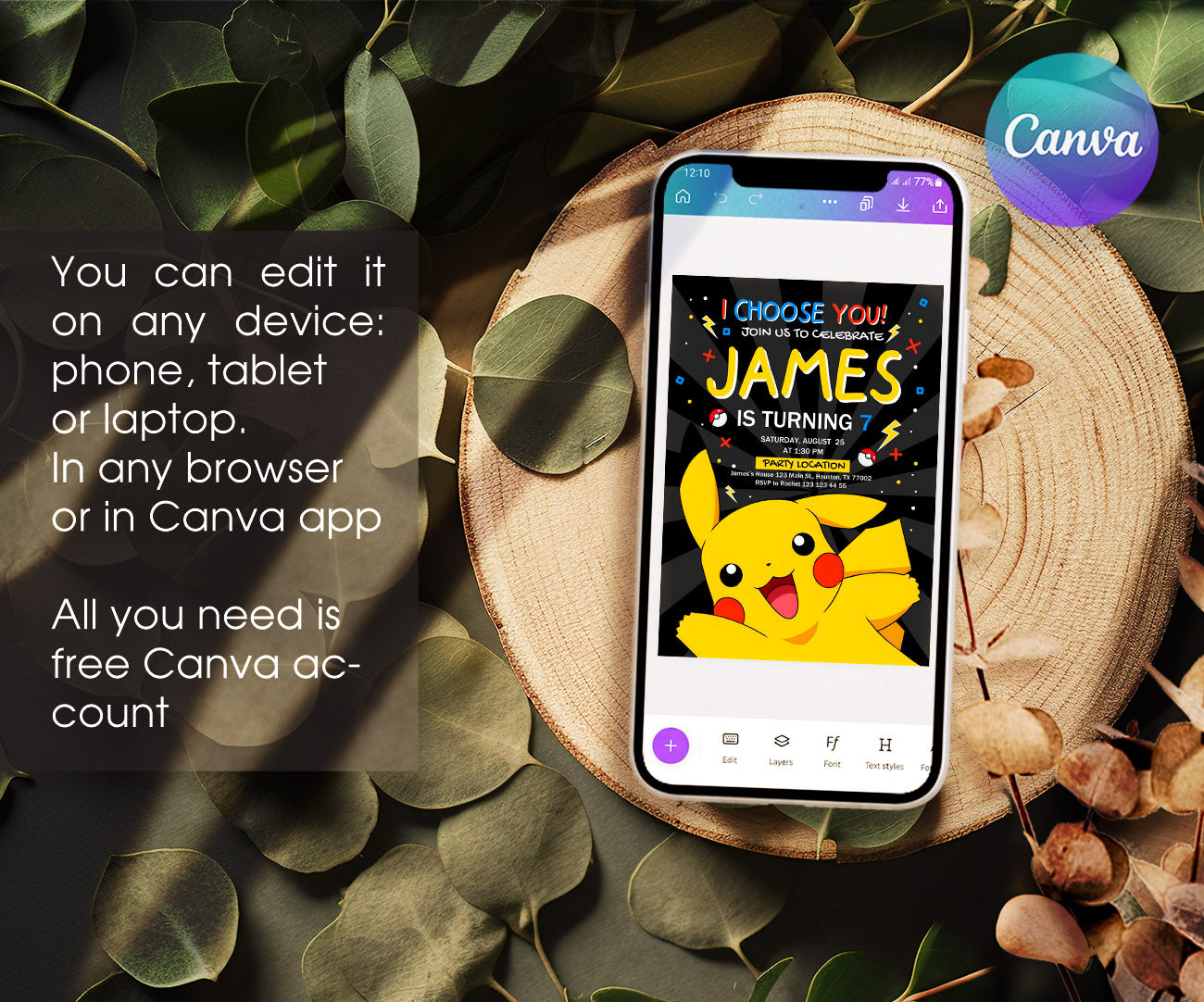 Pokemon Pikachu customizable invitation template | Share or Print | MC586
