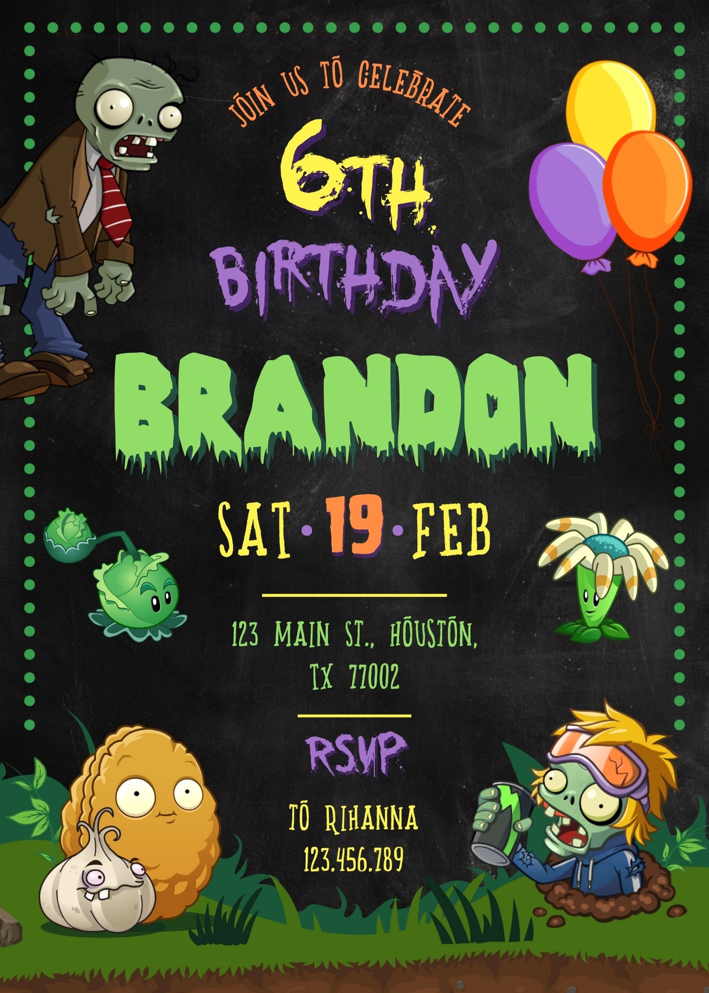 Plants vs Zombies Gamer customizable invitation template | Share or Print | VR348