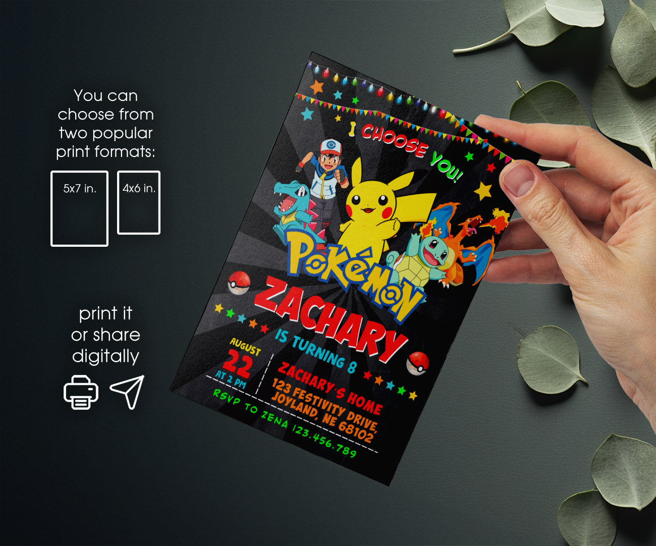 Pokemon Pikachu customizable invitation template | Share or Print | JO587