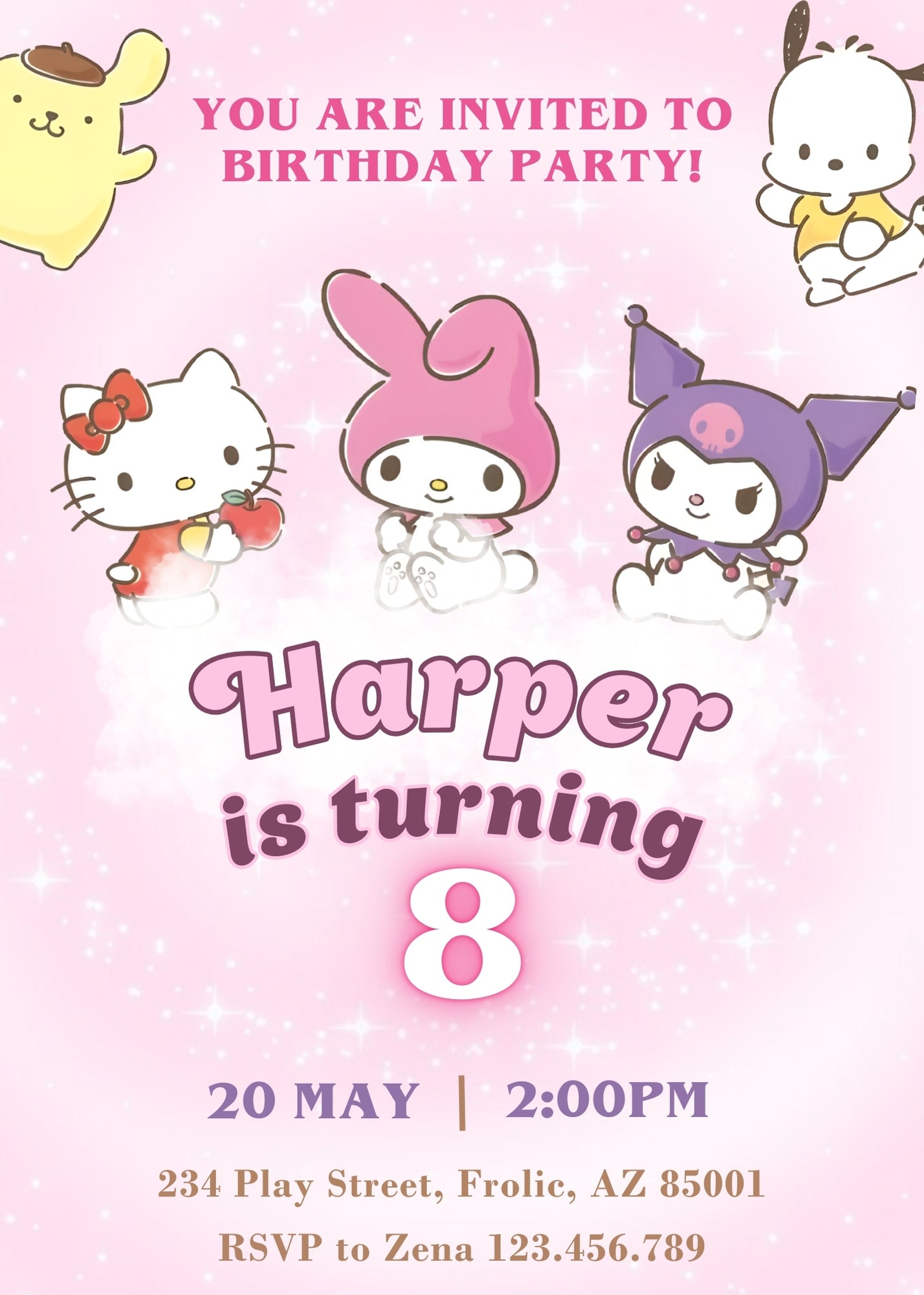 My Melody Hello Kitty Sanrio customizable invitation template | Share or Print | girl | OA099