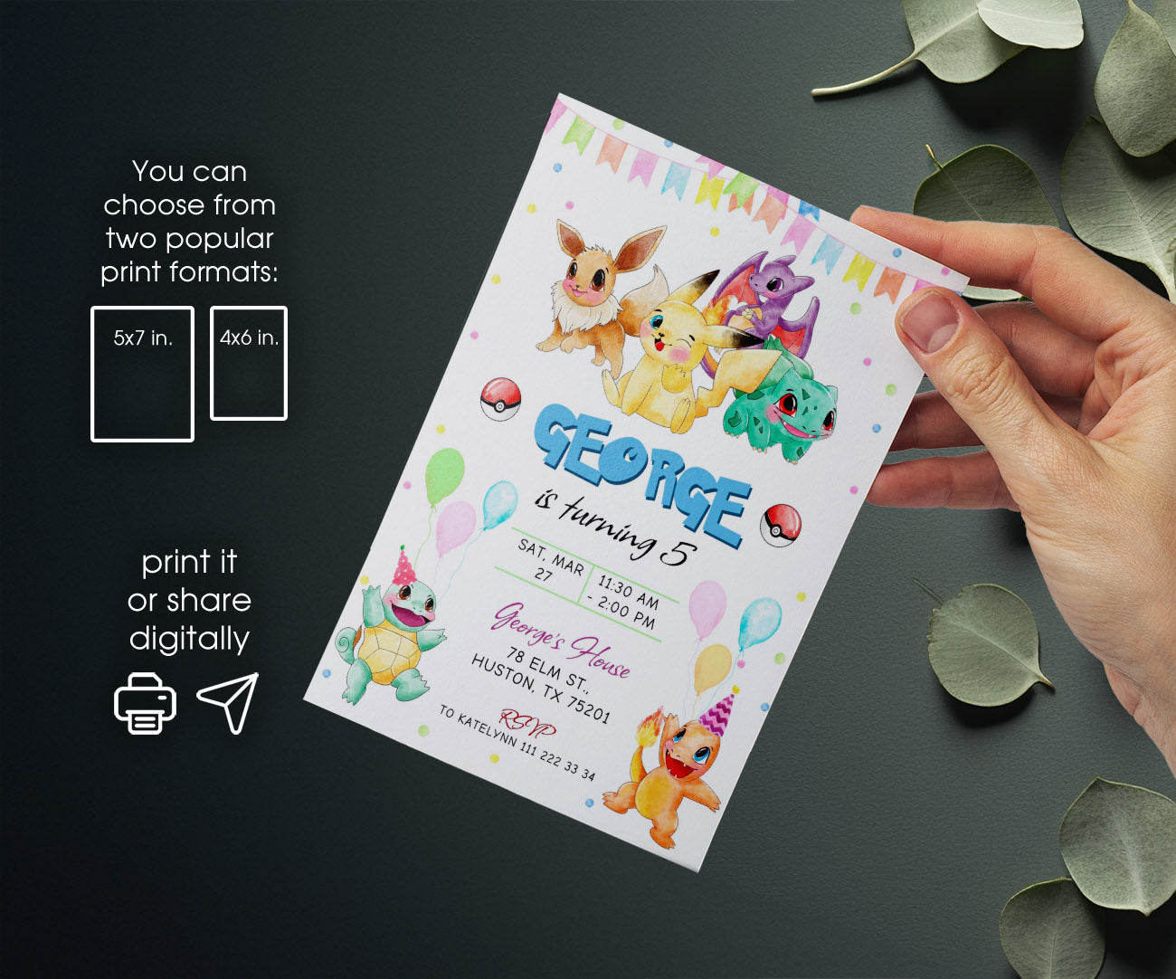 Pokemon Pikachu customizable invitation template | Share or Print | JJ276