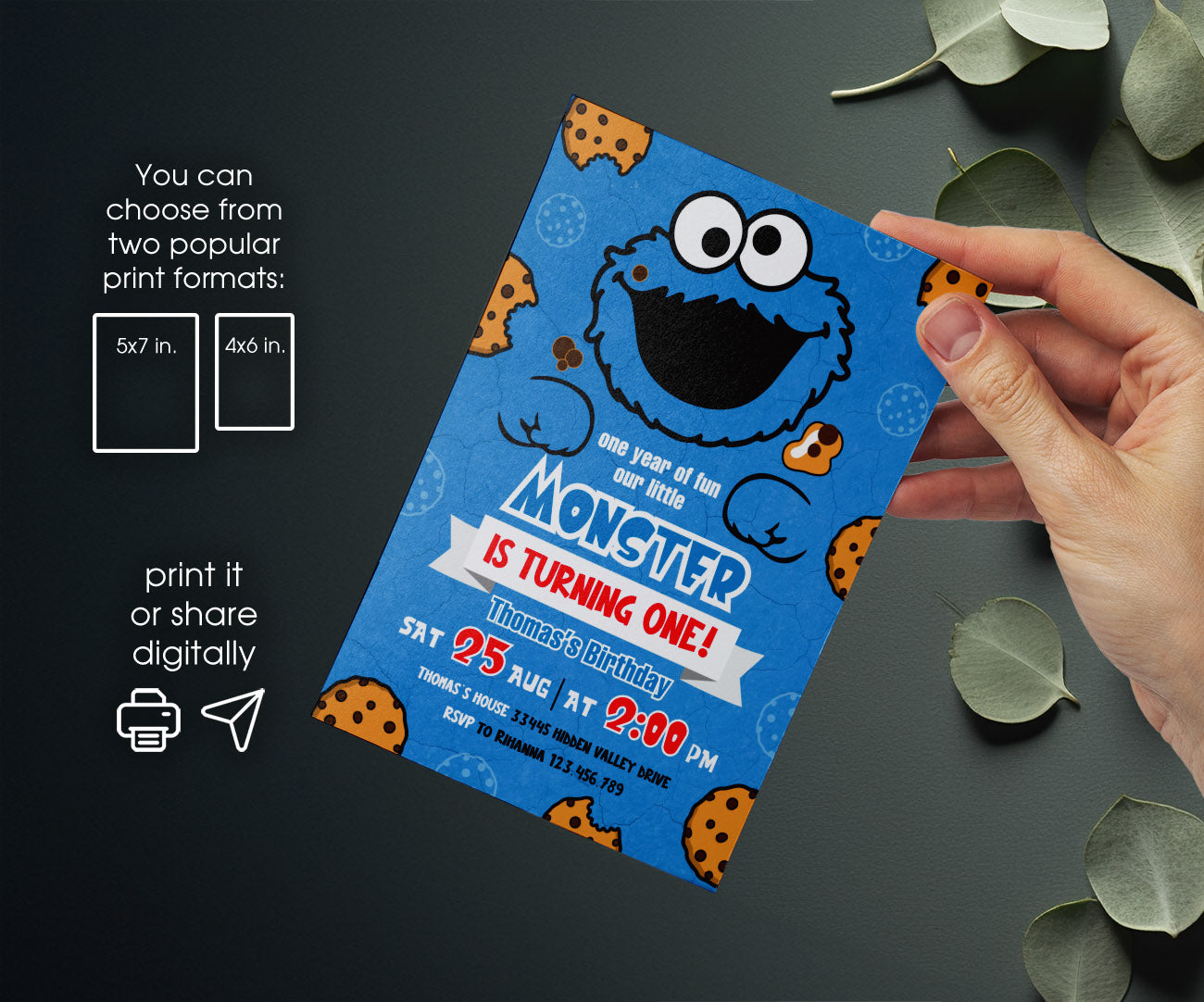 Sesame Street Cookie Monster customizable invitation template | Share or Print | JT322
