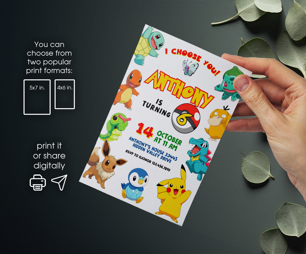 Pokemon Pikachu customizable invitation template | Share or Print | VH065