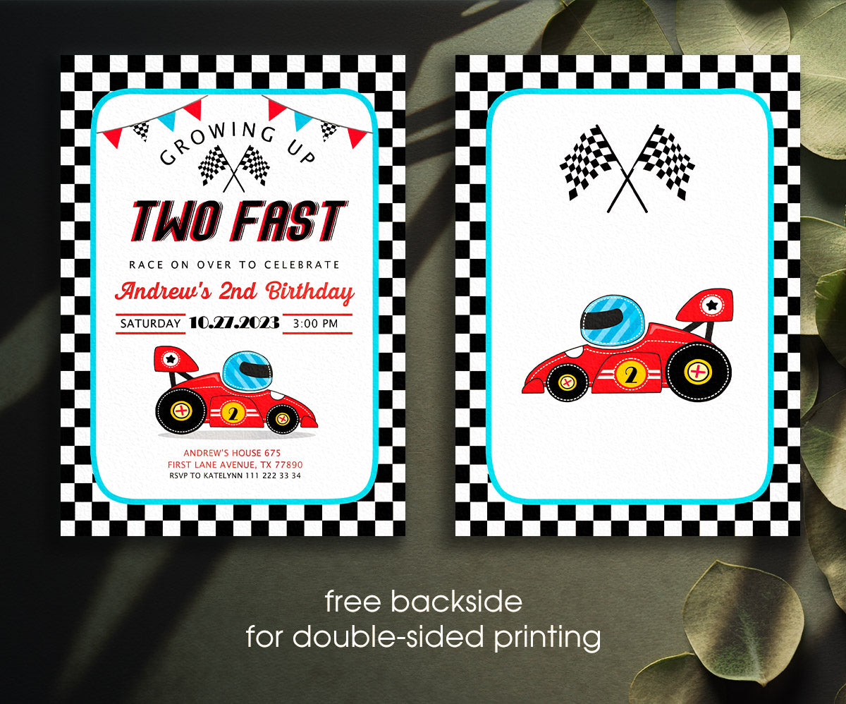 Race Car 2nd Bday Watercolor customizable invitation template | Share or Print | boy | EC907