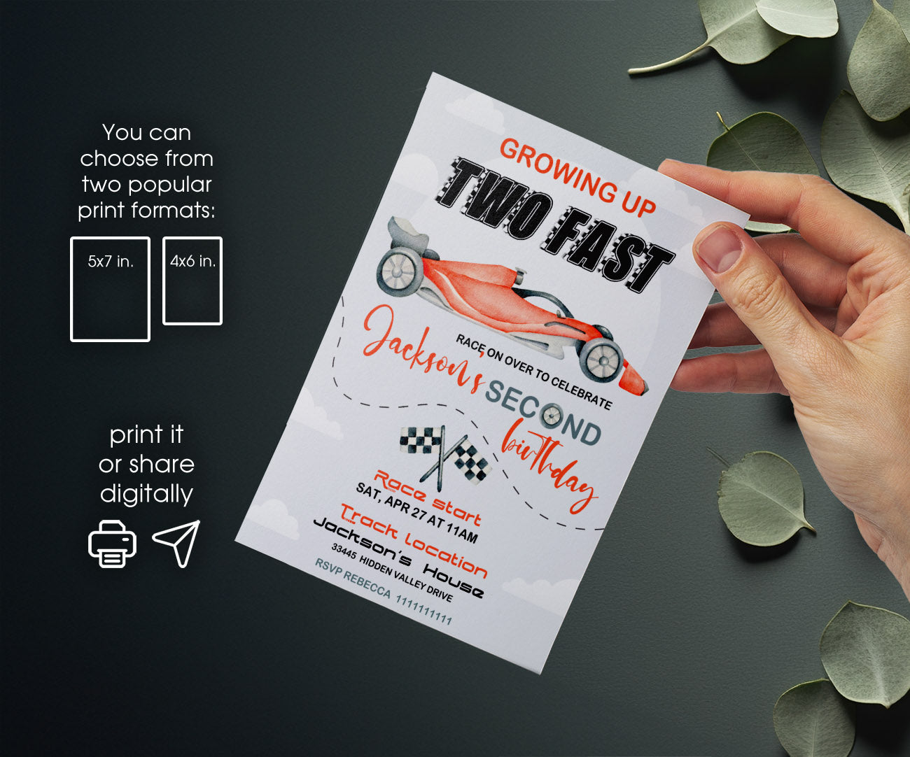 Race Car 2nd Bday Watercolor customizable invitation template | Share or Print | boy | SY090