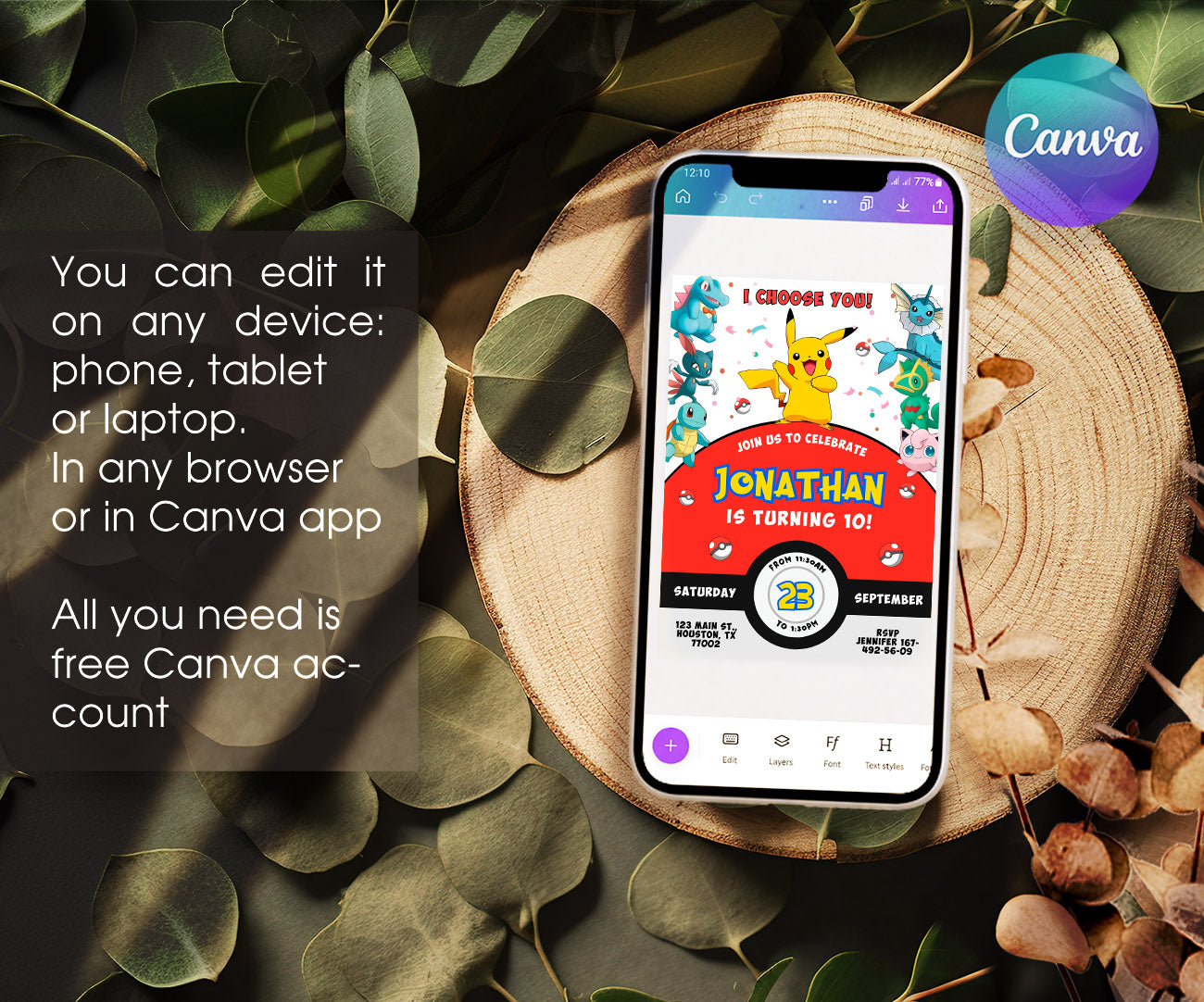 Pokemon Pikachu customizable invitation template | Share or Print | AA334