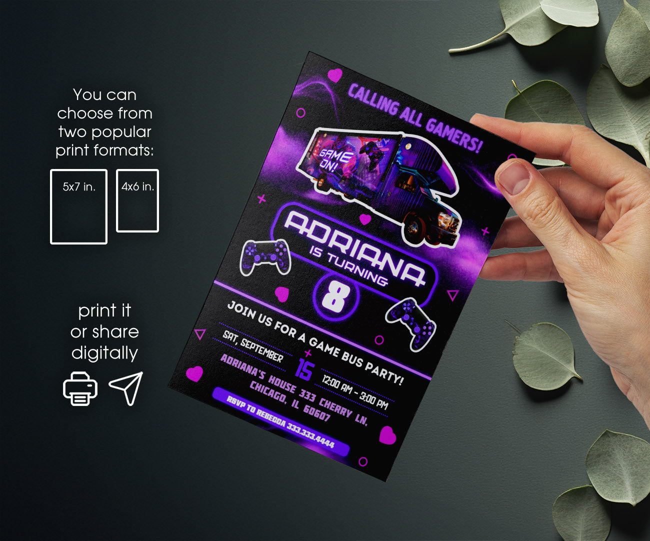 Video Game Bus Gamer customizable invitation template | Share or Print | boy | FD827
