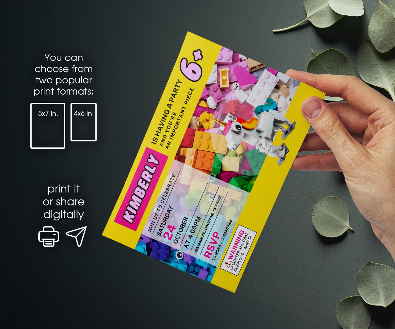 Lego Magical Unicorn customizable invitation template | Share or Print | girl | LK372