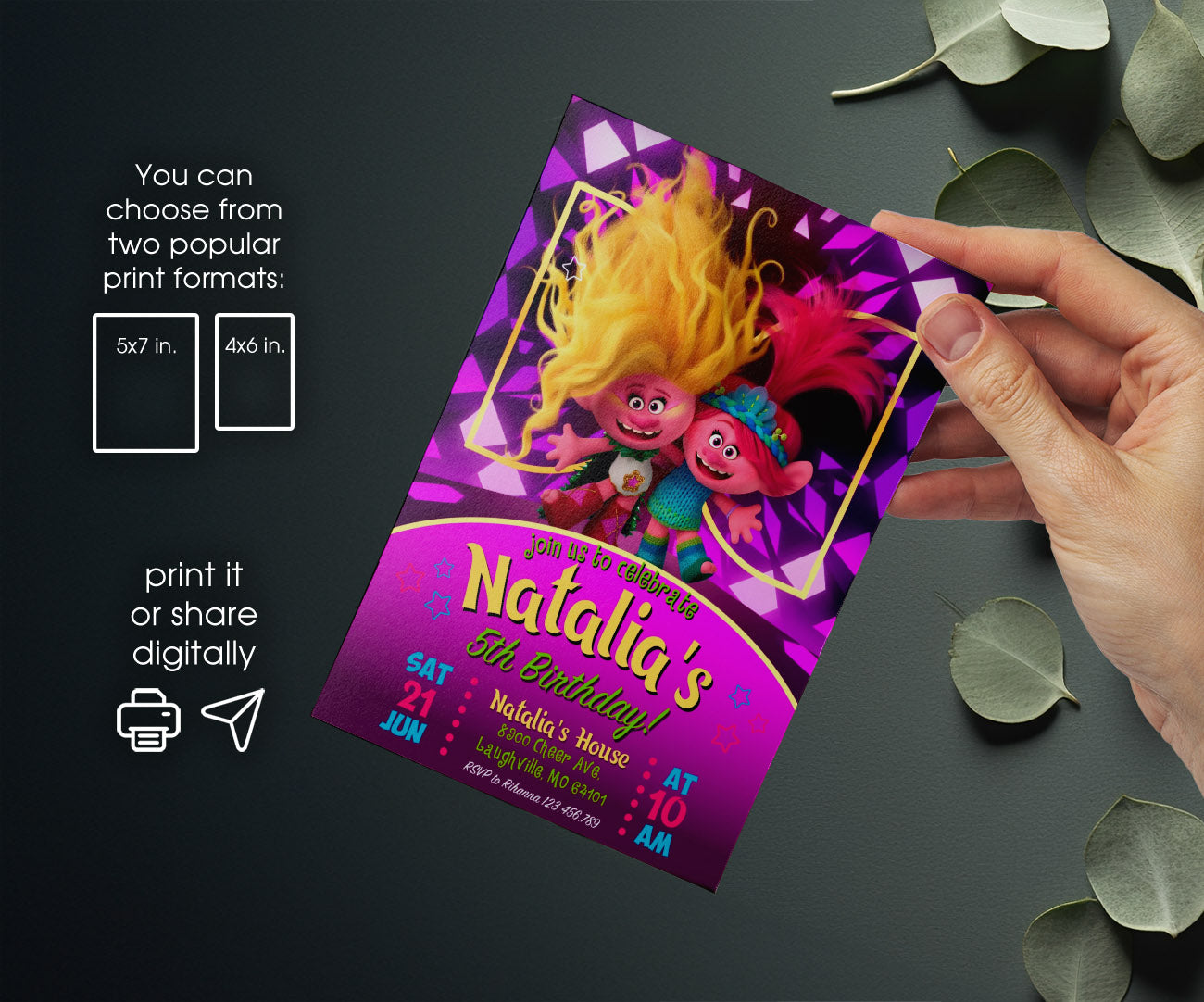 Trolls Poppy customizable invitation template | Share or Print | HB526