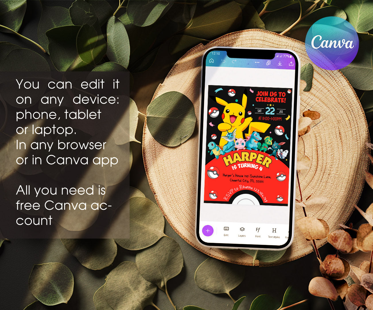 Pokemon Pikachu customizable invitation template | Share or Print | BW383