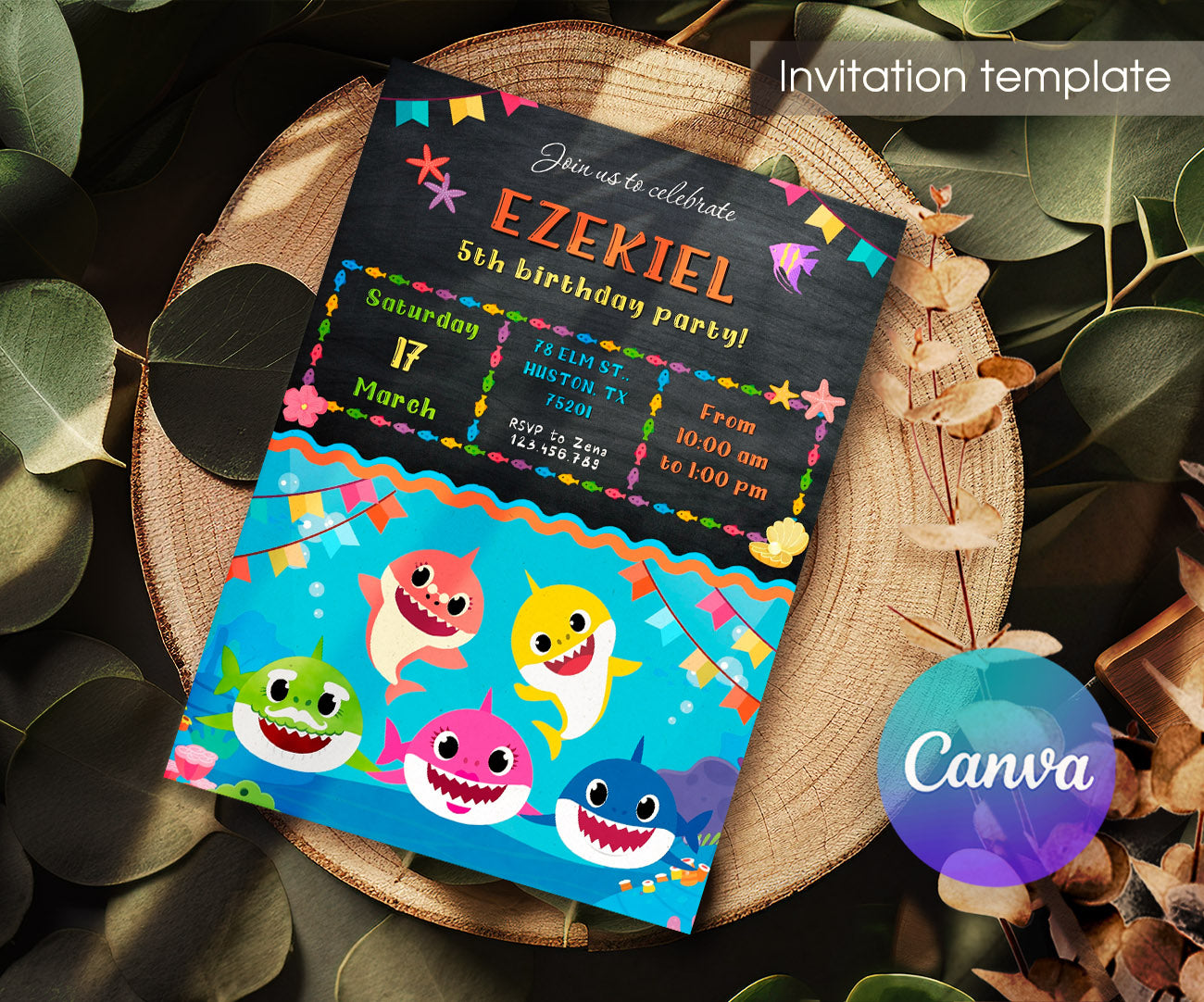 Baby Shark customizable invitation template | Share or Print | AF777