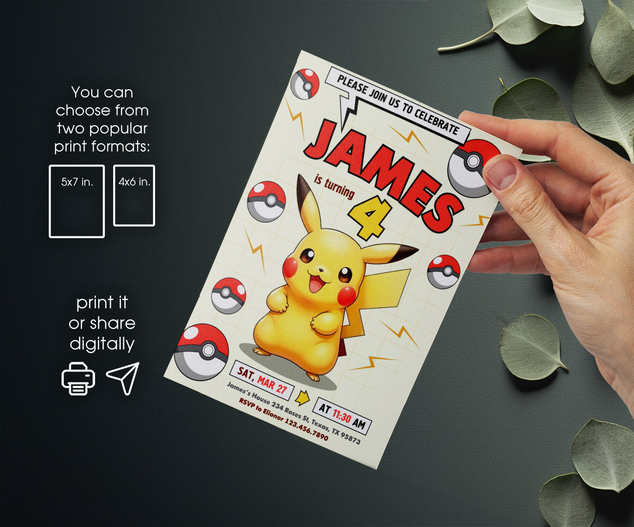 Pokemon Pikachu customizable invitation template | Share or Print | TB626