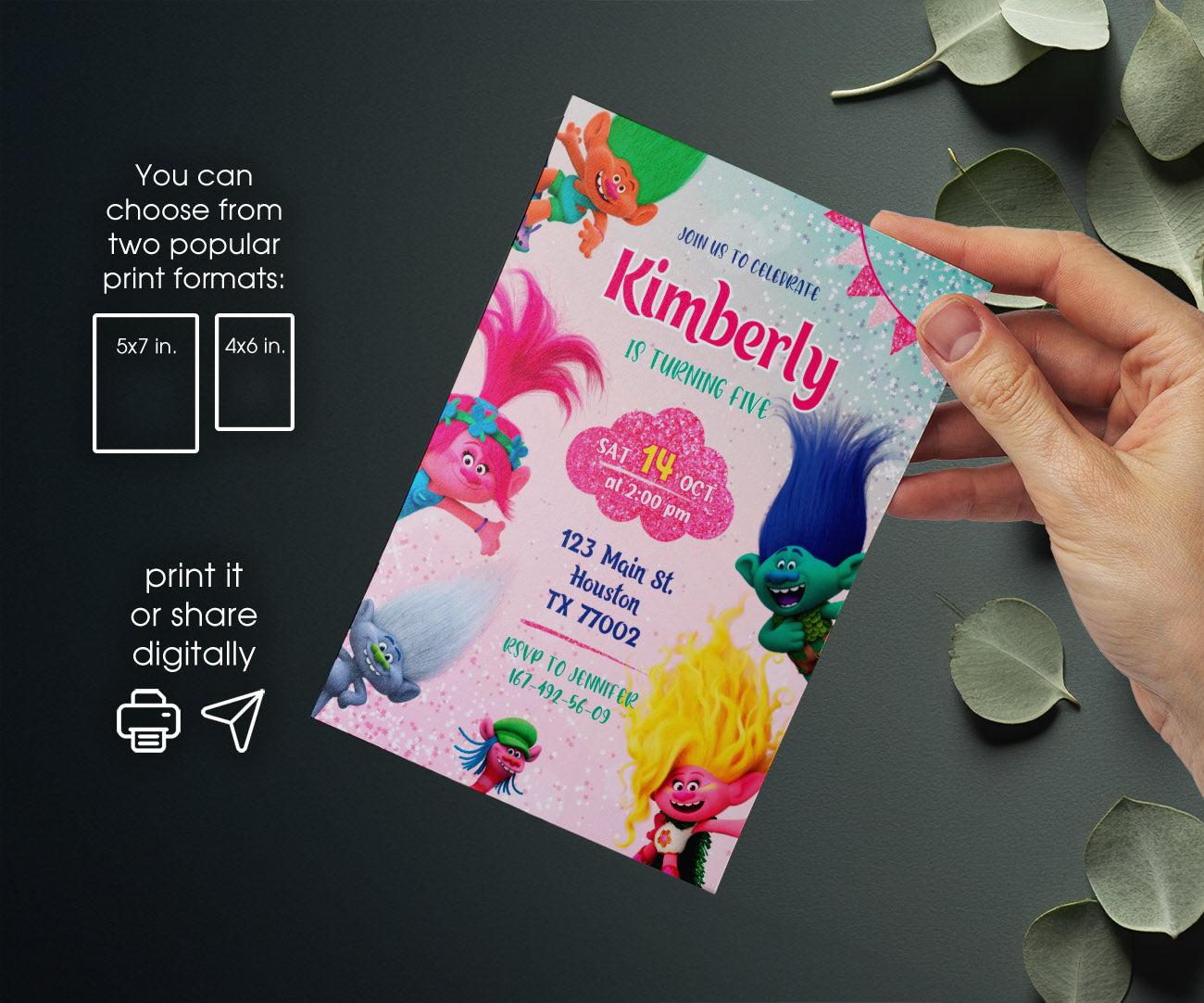 Trolls Poppy customizable invitation template | Share or Print | HJ815