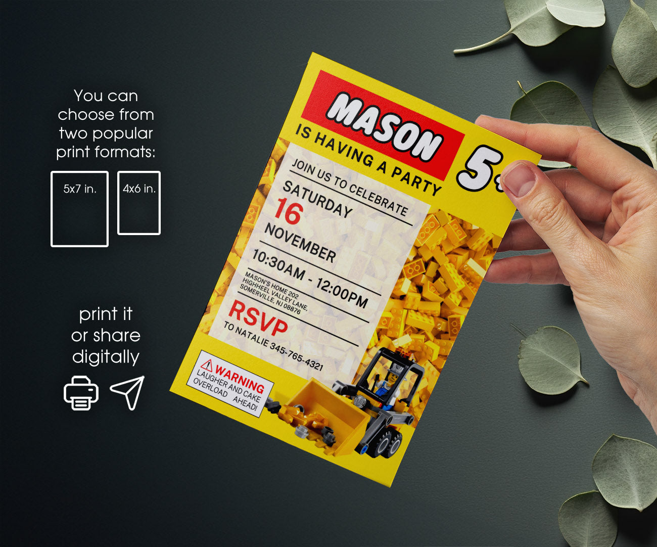 Lego Excavator customizable invitation template | Share or Print | boy | AK046