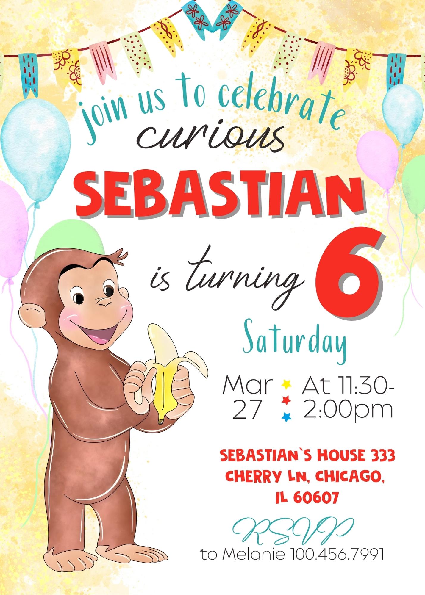 Curious George Monkey customizable invitation template | Share or Print | BA960