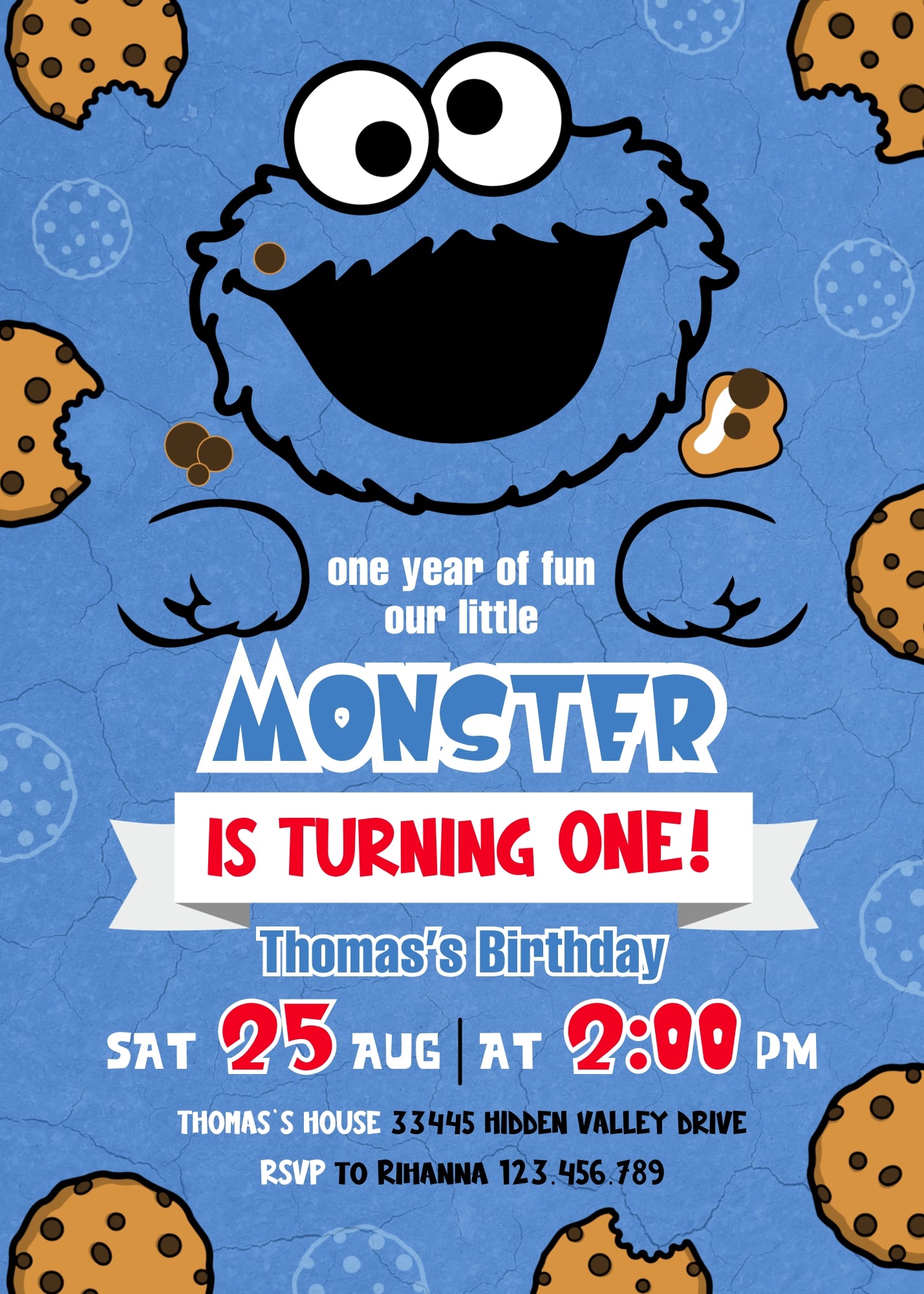 Sesame Street Cookie Monster customizable invitation template | Share or Print | JT322